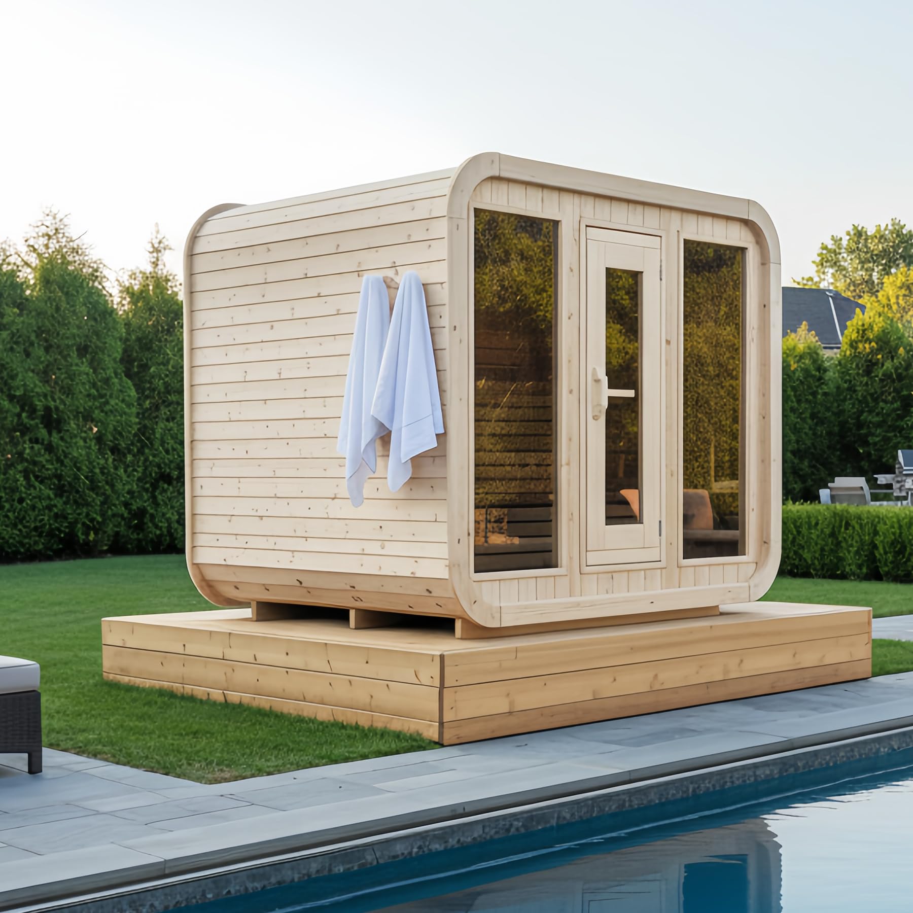 AURGOD Square Outdoor Sauna, Canadian Spruce Sauna 6 Person, 220V 6KW ETL Toule Heater, Waterproof System, Large Glass Windows, Double Reinforcement,