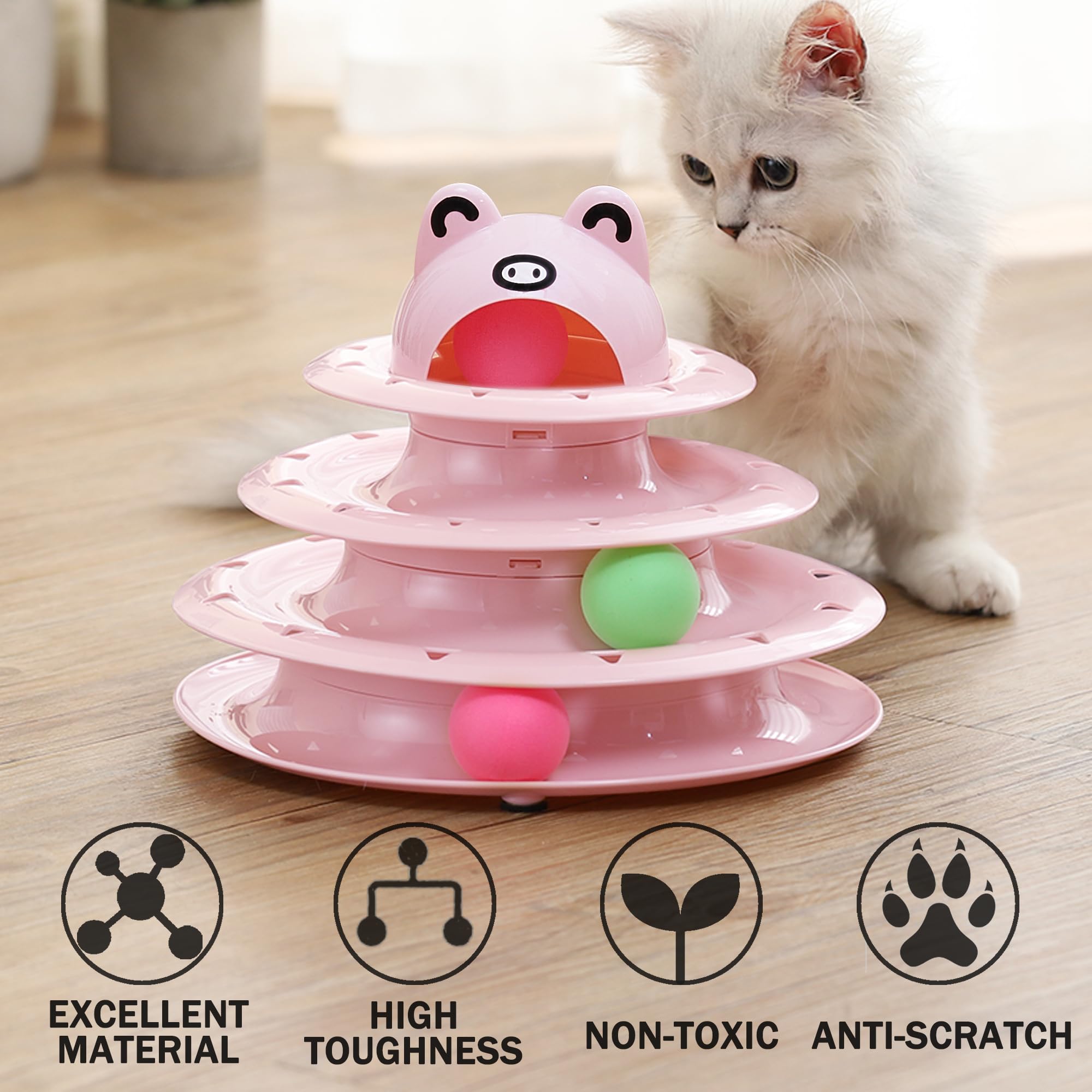 Suhaco 26 PCS Interactive Cat Toys for Indoor Cats Roller 4 Level Track Kitten Toys with 4 Colorful Balls Self Play Kitty Ball Toys Feather Wand Pet Toys for Boredom (Pink) - Image 4