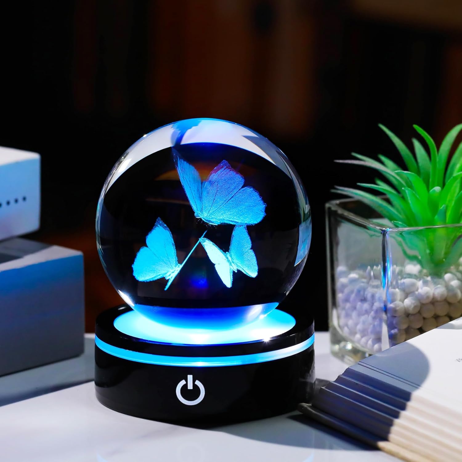 YWHL 3D Butterfly Gifts for Women, Crystal Butterfly Figurine Ball with Colorful Light Base, Birthday Mother Day for Butterfly Lover, Glass Animal Collection Sphere Home Decor(80mm) - Image 2