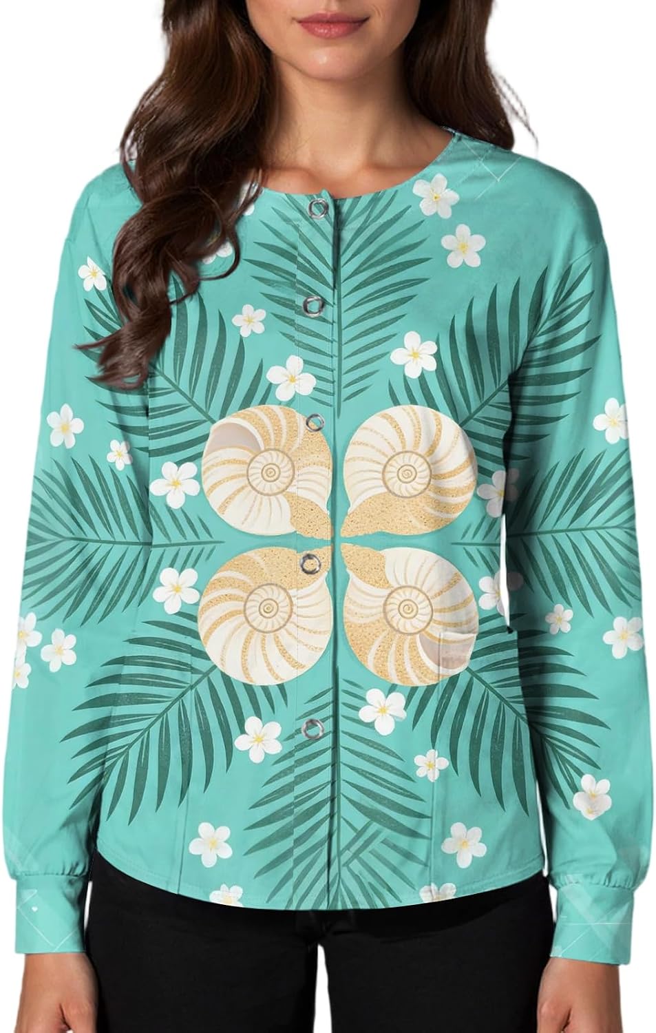 Scrub Jackets for Woman Hawaiian Scrub Top Floral Print Nursing Shirt Plus Size Long Sleeve Snap Front Nurse Jackets