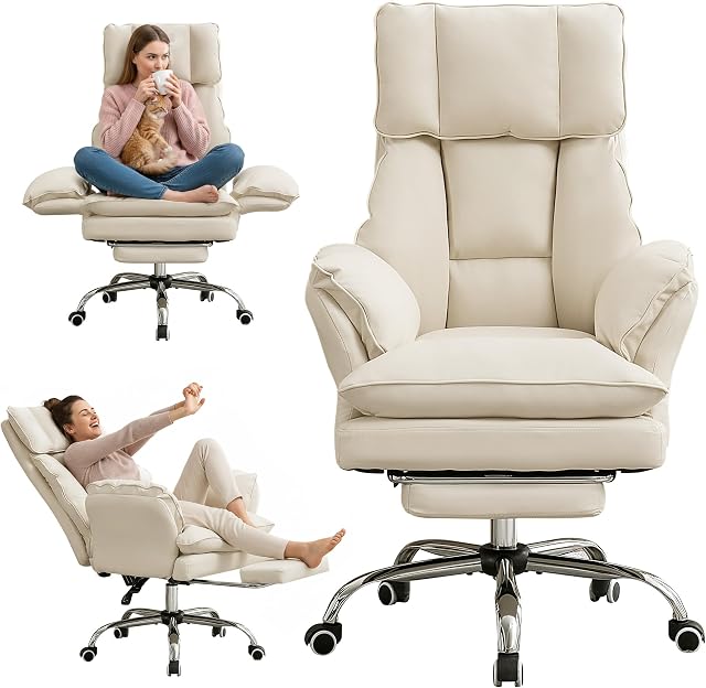 Cloud Cross Legged Office Chair with Footrest,Ergonomic Leather Big and Tall Executive Chair with Wheels,Reversible Armrest,155° Reclining Computer Wide Desk Chair for Home,Office (Beige)