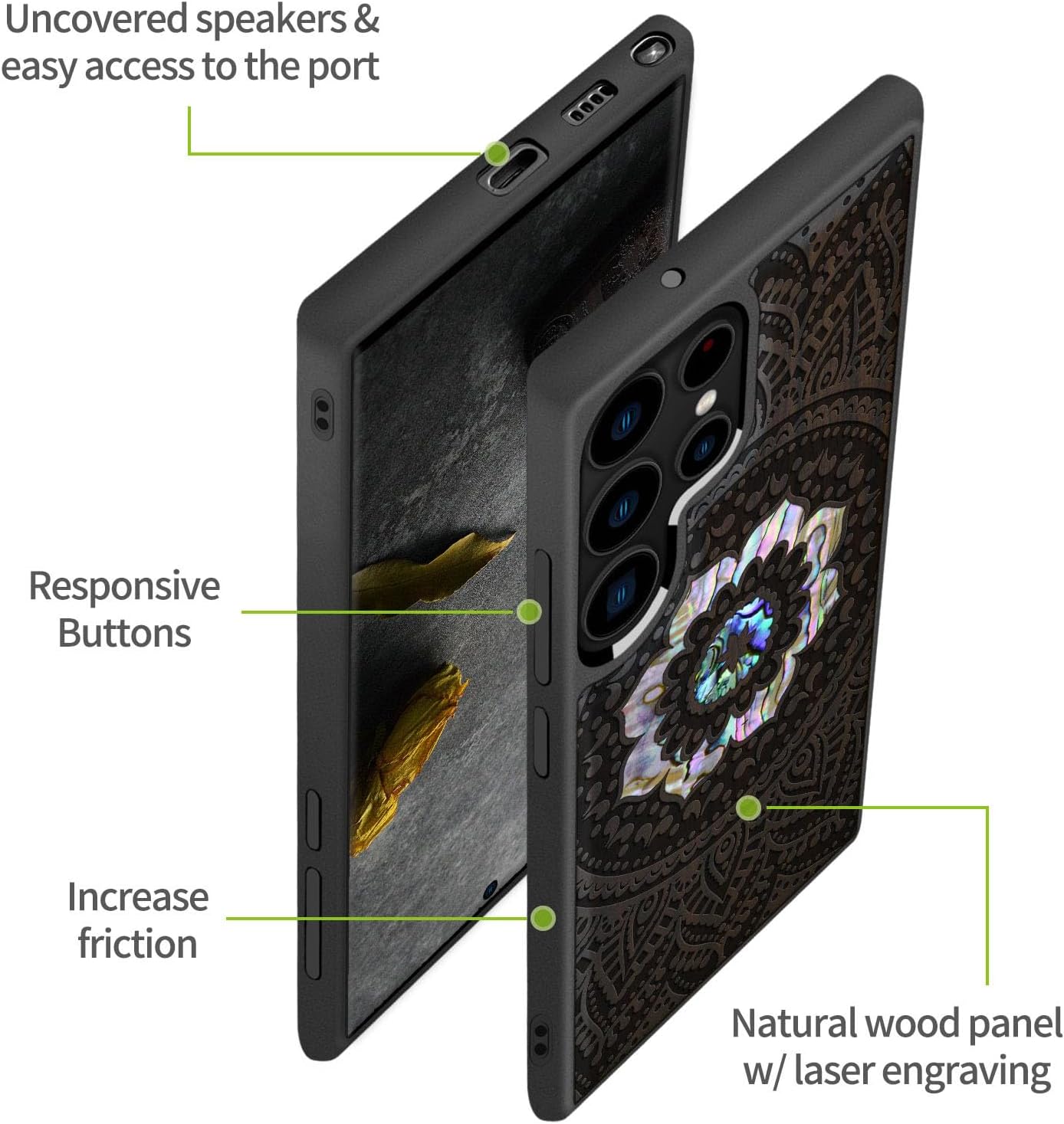 Carveit Designer Wooden Cover for Samsung Galaxy S22 Ultra Case [Wood Engraving & Shell Inlay] Compatible with Wireless Chargers S22 Ultra (Mandala Pattern-Blackwood)