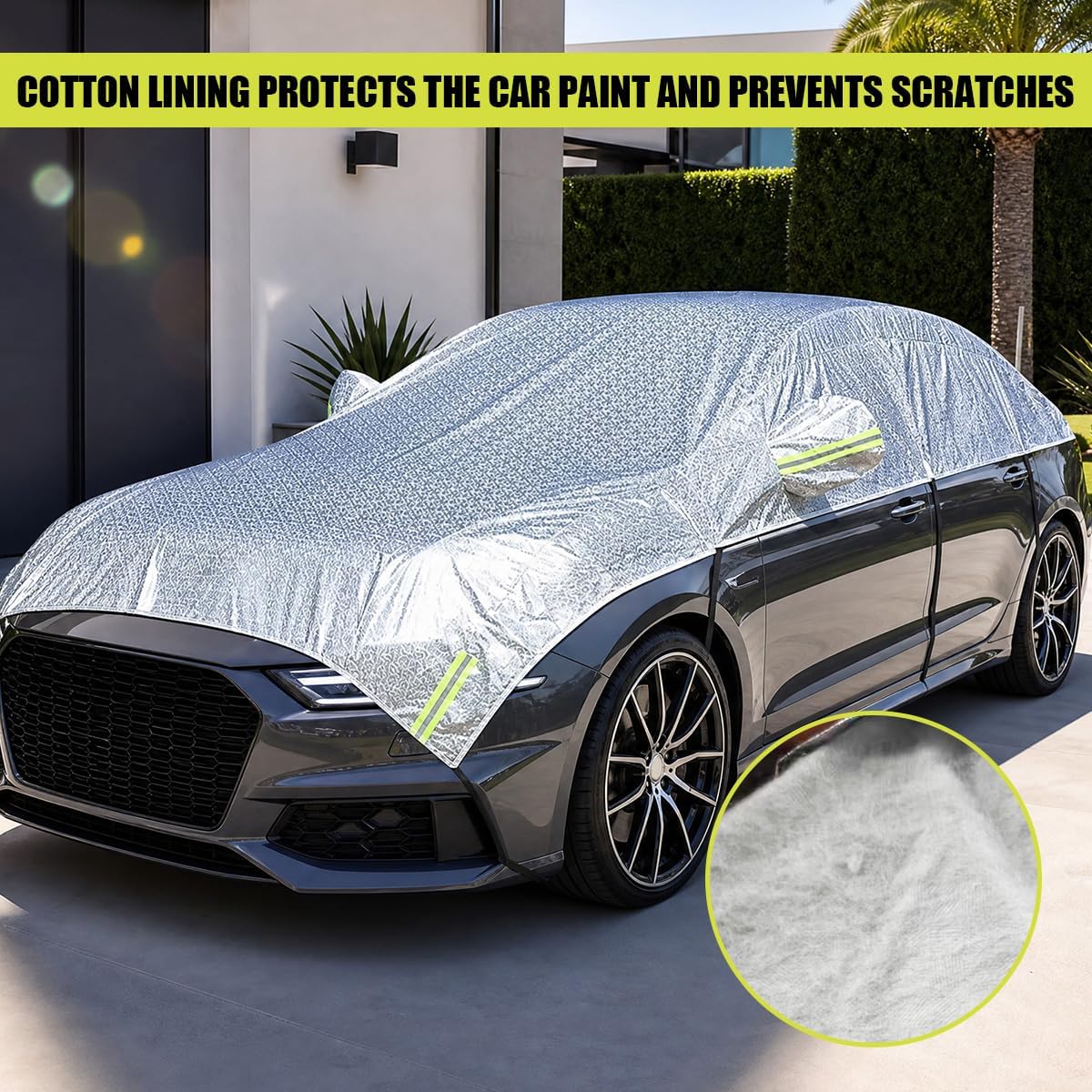 Craedli Half Car Cover, Waterproof All Weather Sunroof & Windshield Cover with Reflective Strip, Outdoor Hail Protector Vehicle Body Snow Cover for Rain Sun UV Dust, Fit for SUV Sedan (Silver) image 5