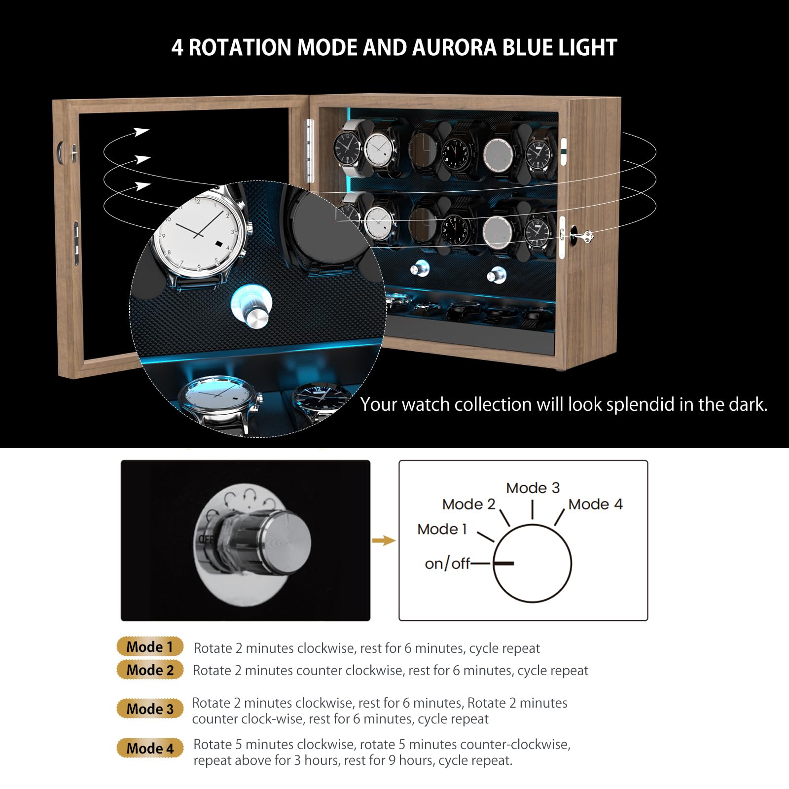 DUKWIN Uhrenbeweger für 4/6/8/12 Automatikuhren, abschließbare automatische Aufzieher mit extra 4/6 Uhrenräumen, 4 Rotationsmodi, flexiblen Kissen, leiser Motor und blauer Hintergrundbeleuchtung
