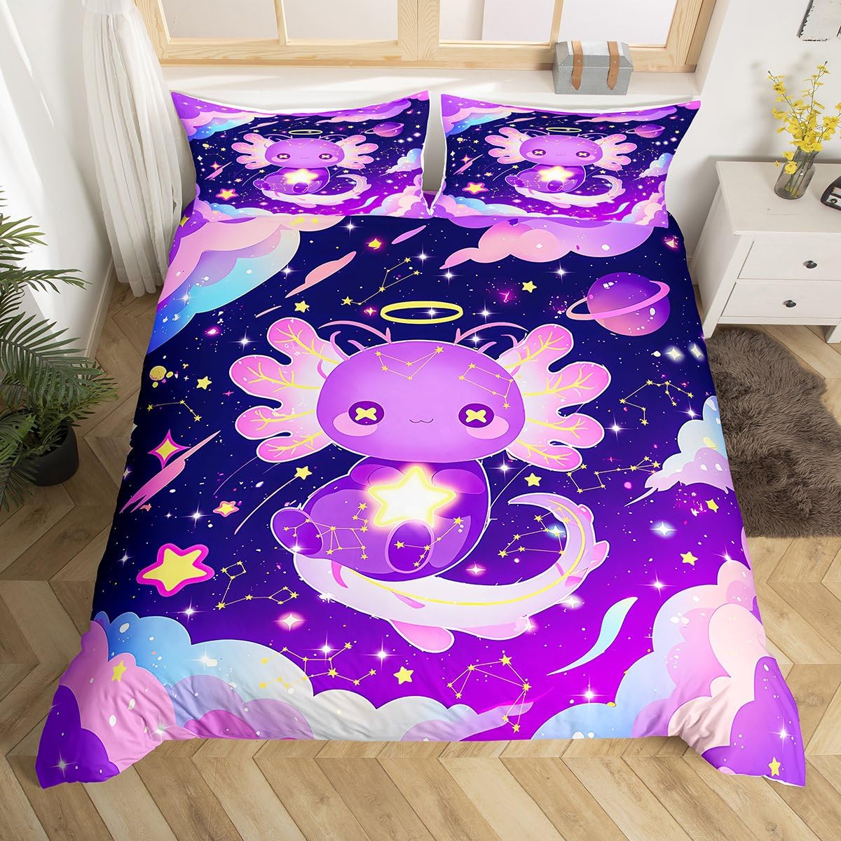 Housse de couette axolotl parure de lit 200x200 anti-plis et facile à laver pour enfant