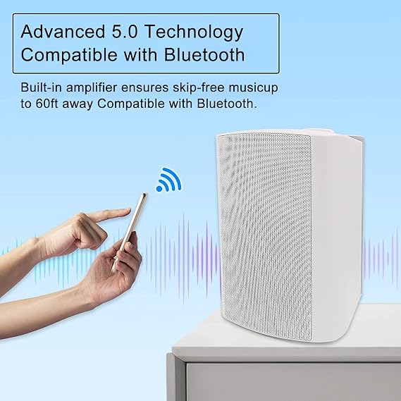 Herdio 5.25 Inch 300 Watts Indoor Outdoor Bluetooth Speakers Waterproof Wall Mount Speakers Wired System All Weather Resistant for Patio Porch Home Theater Backyard(White)