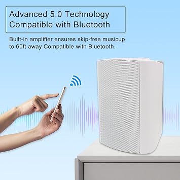 Herdio 5.25 Inch 300 Watts Indoor Outdoor Bluetooth Speakers Waterproof Wall Mount Speakers Wired System All Weather Resistant for Patio Porch Home Theater Backyard(White)