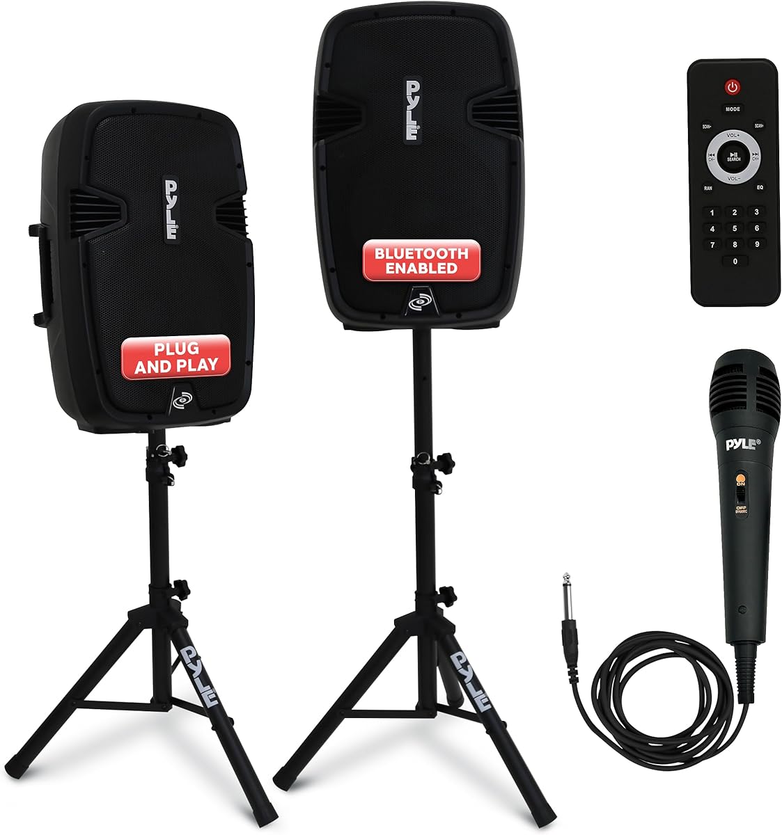 Pyle Wireless Portable PA System Kit - 1800W Peak, Bluetooth Compatible, Active + Passive Pair For Indoor / Outdoor Sound, Multiple Inputs-USB SD AUX XLR RCA, Comes With 2 Stands, Wired Mic, Remote