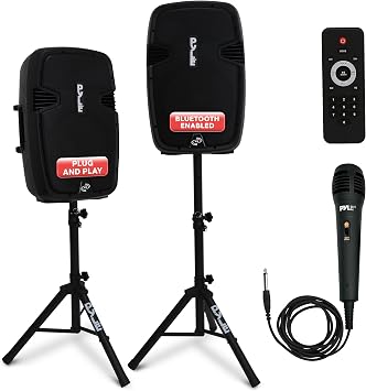 Pyle Wireless Portable PA Speaker System - 1800W High Powered Bluetooth Compatible Active + Passive Pair Outdoor Sound Speakers w/USB SD MP3 AUX - 35mm Mount, 2 Stand, Microphone, Remote PPHP1249KT