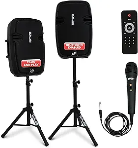 Pyle Wireless Portable PA System Kit - 1800W Peak, Bluetooth Compatible, Active + Passive Pair For Indoor / Outdoor Sound, Multiple Inputs-USB SD AUX XLR RCA, Comes With 2 Stands, Wired Mic, Remote