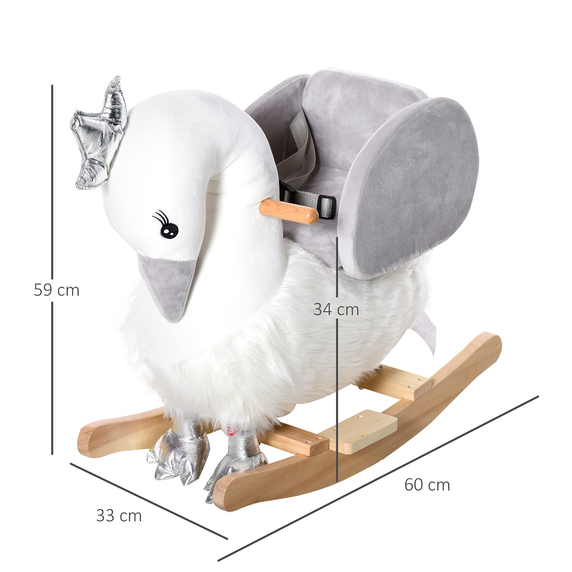 HOMCOM Cavallo a Dondolo per Bambini a Forma di Cigno, Dondolo Giocattolo Cavalcabile per Bambini 18-36 Mesi (Max 40kg), in Legno di Pioppo e Peluche, Bianco e Grigio