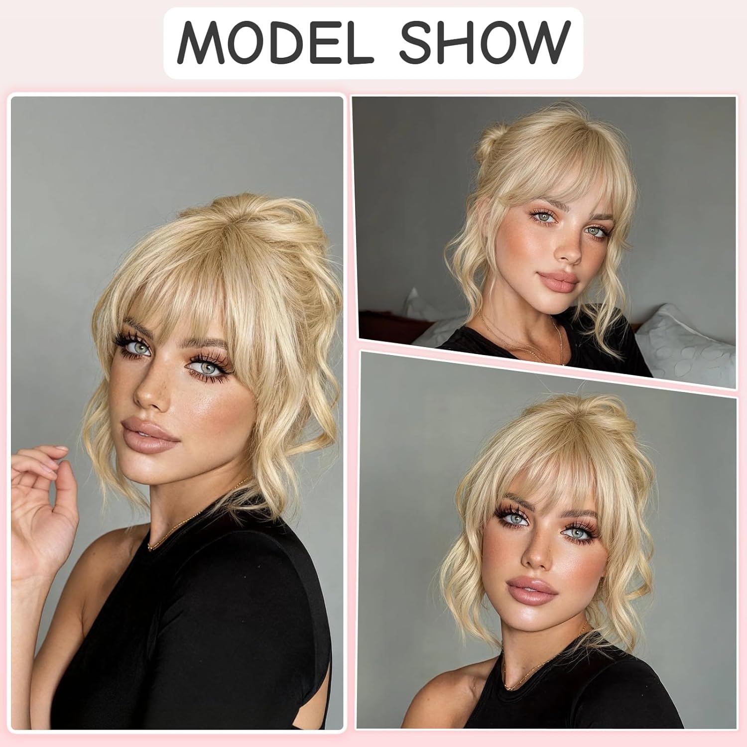 Clip in Bangs 100% Real Human Hair Extensions Invisible Fake Curtain Curved French Fringe Bang with Temples Faux Natural Clips on Hairpieces for Women Girls Party Daily Use Bleach Blonde