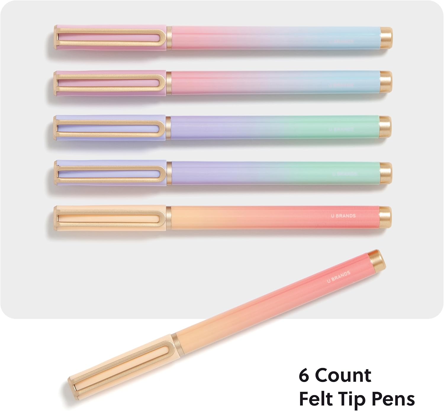 U Brands Catalina Felt Tip Pens with Rose Gold Accents, Medium (0.7 mm) Point, Black Ink, Set of 6, Lucent Dreams