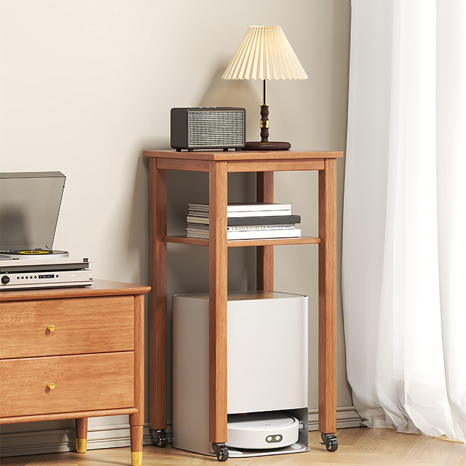 Roboter-Staubsauger-Unterschrank, mobiler Staubsauger-Unterschrank mit Rollen, stehendes Holzregal, Beistelltisch für Wohnzimmer, Küche, Büro, einfacher Wasserwechsel (Holz, 55 cm/22 Zoll)