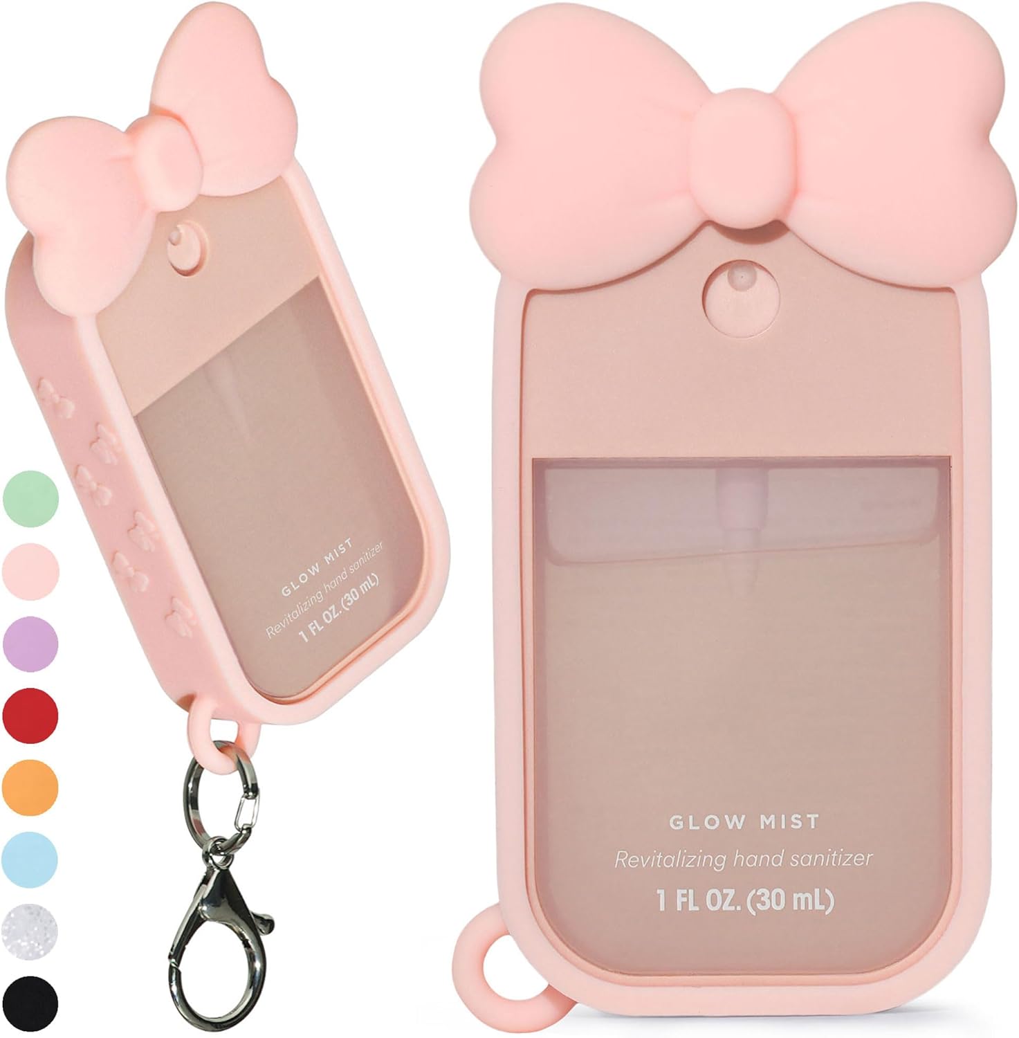 Silicone Bow Case Compatible with Touchland Hand Sanitizer Spray 1 oz (30 mL), Cute Holder with Keychain Clip, Gift for Girls (Blush Pink)