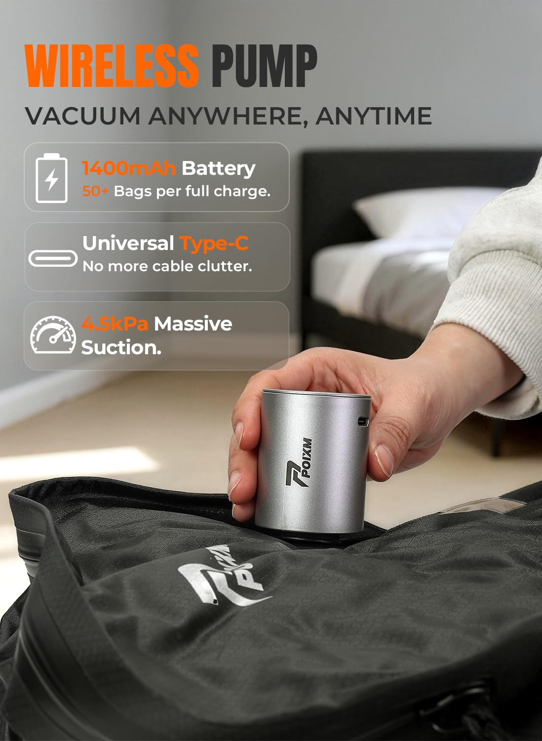 Vakuumbeutel für Reisen mit kabelloser Pumpe, 180° offener Reißverschluss, IP67 wasserdicht, wiederverwendbar, platzsparend, Kompressionsbeutel für Rucksack, Koffer (2 Stück + Pumpe)
