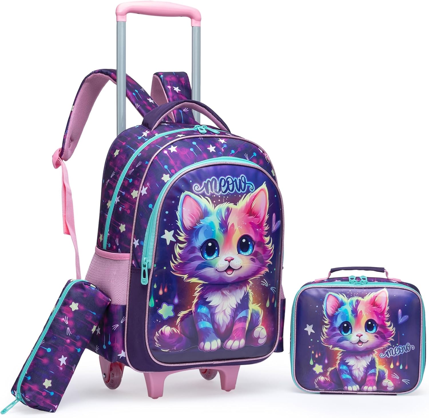 Egchescebo Kids Rolling Cats Backpack for Girls Trolley Suitcases Luggage Travel with Wheels Bookbag Wheeled 3PCS Roller Backpacks Toddler Tote Bag Back Pack School Bags Set for Elementary Purple