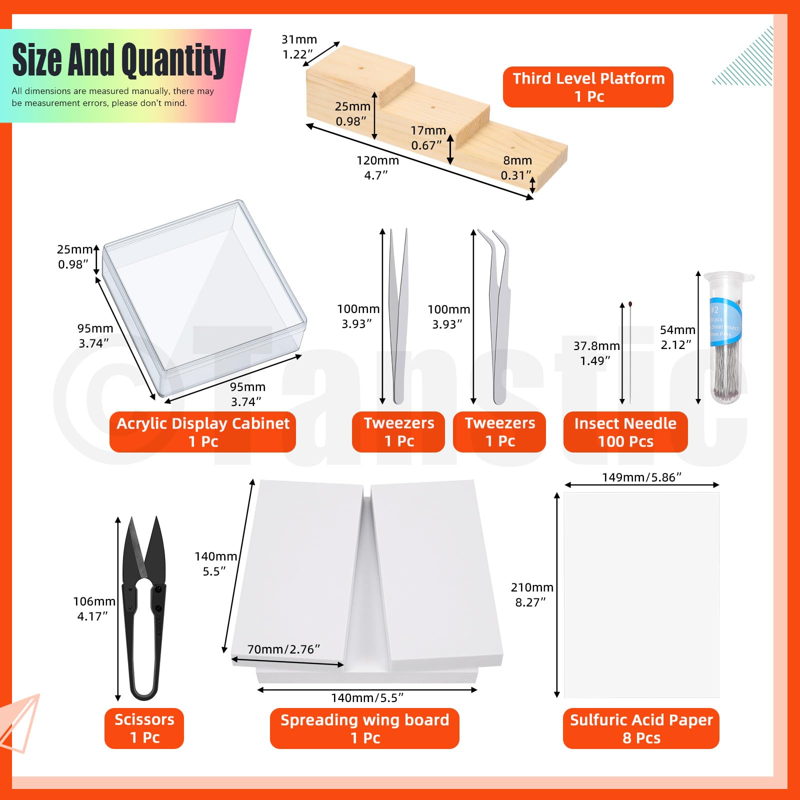 Tanstic Kit de herramientas para muestras de insectos, pinzas de insectos, vitrina de insectos, papel prensado de alas para colección de especímenes (114)