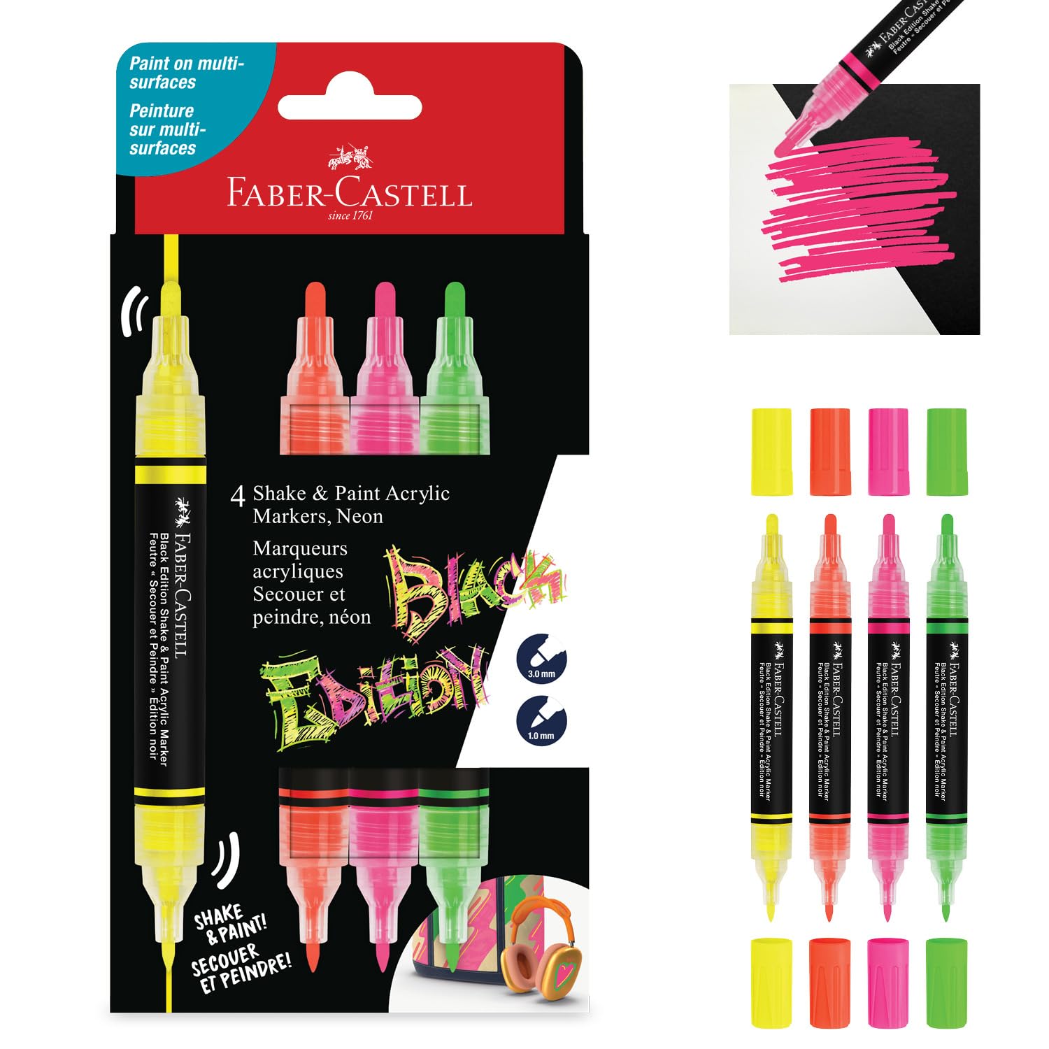 Faber-​Castell Rotuladores de pintura acrílica de doble punta, 4 unidades, para pintura de tela, dibujo y suministros de arte, marcadores de graffiti