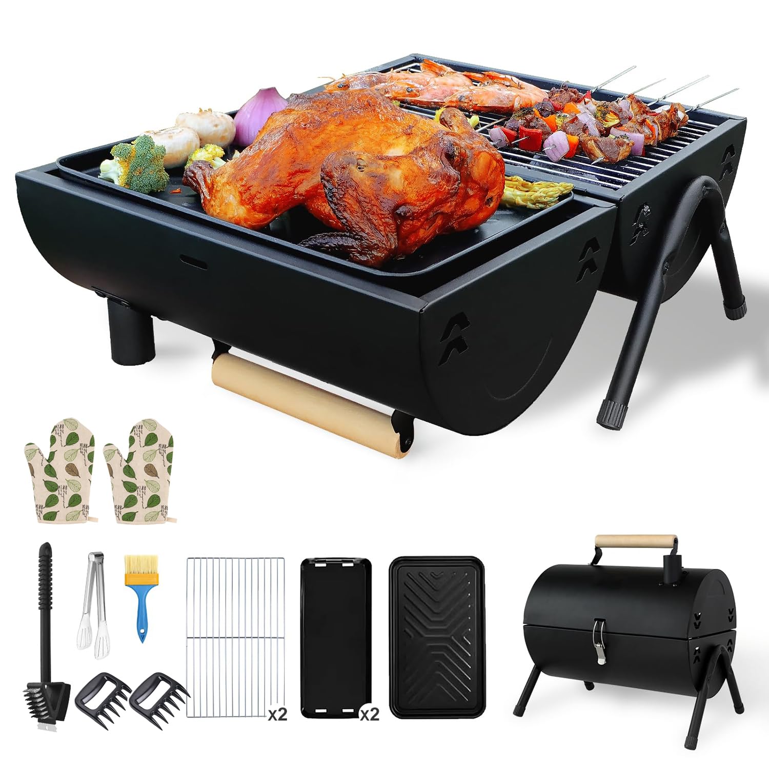 Barbecue pliable portable double face en charbon de bois avec cheminée intégrée
