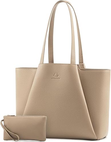 LOVEVOOK Bolsa para laptop para mujer, 15.6 pulgadas, piel sintética, con embrague, bolsa de oficina de gran capacidad Sandy,Negro -,Negro y