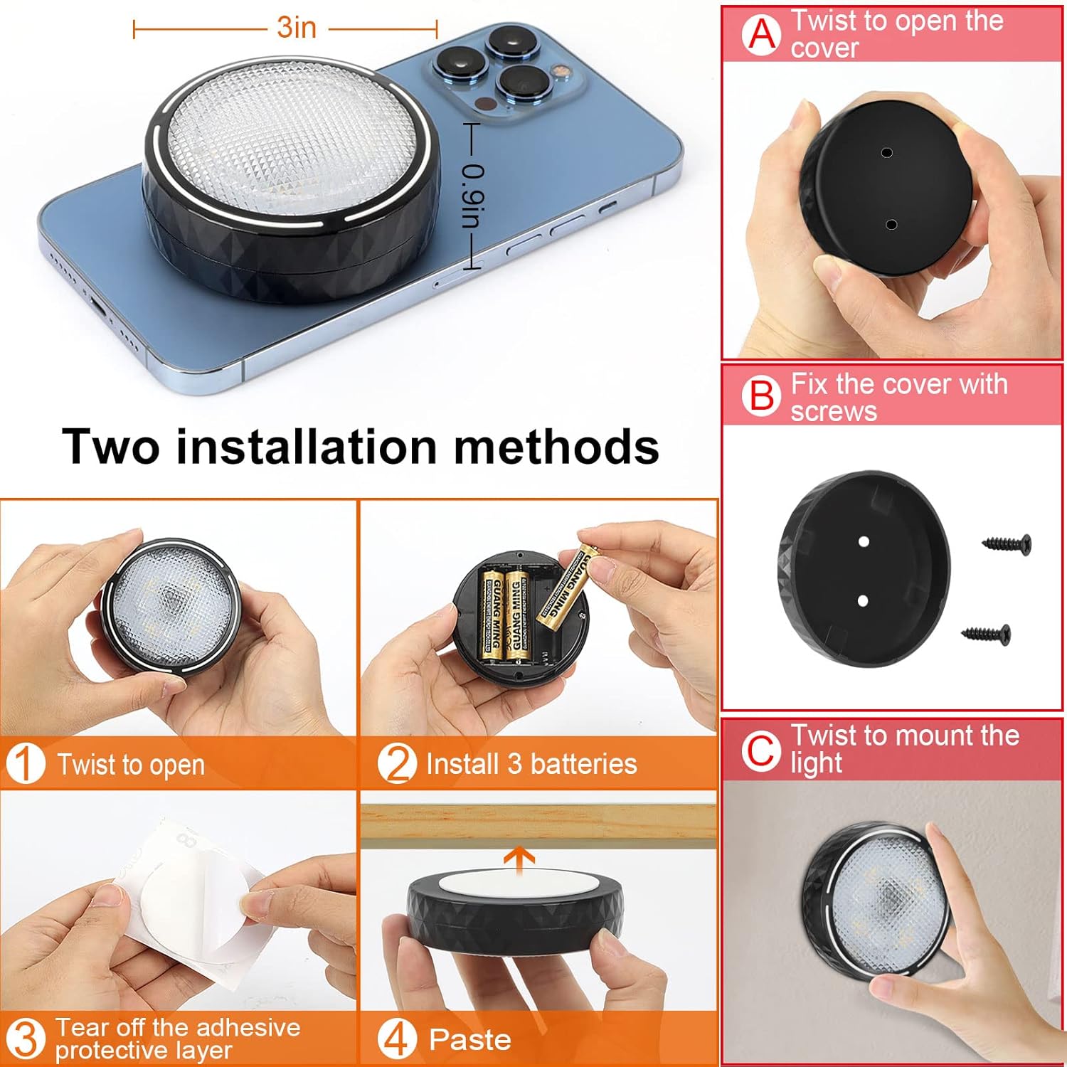 Onumii Battery Operated Under Cabinet Lighting with Remote, Wireless LED Puck Lights Color Changing with Timer, Stick On Closet Lights for Kitchen Cabinets Shelf Display - 2 Pack Black