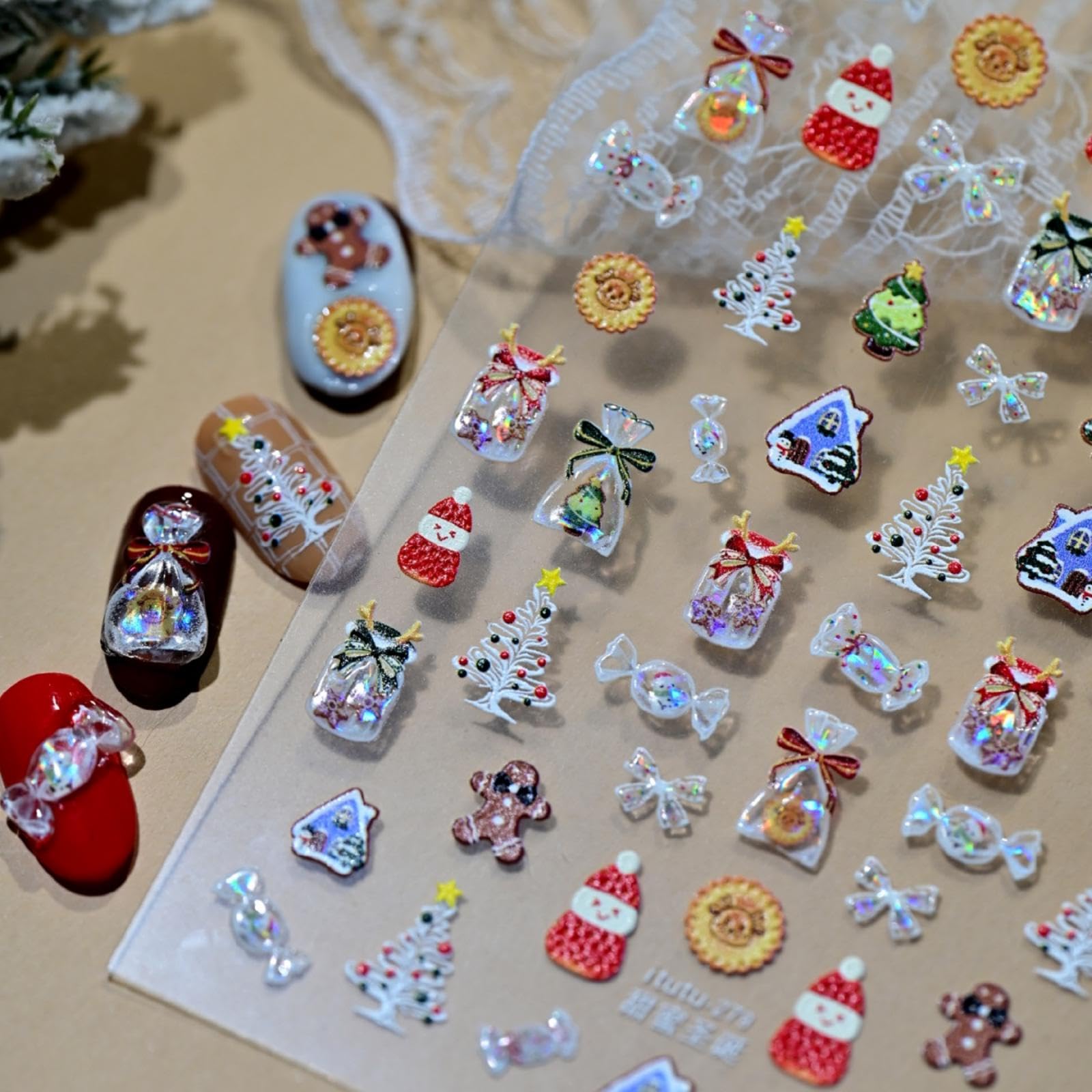Christmas Nail Stickers for Nail Art Xmas Tree Nail Decals Shiny Design Candy Bow Nails Art Decals Design 5D Embossed Self Adhesive for Women Girls Manicure DIY Decoration
