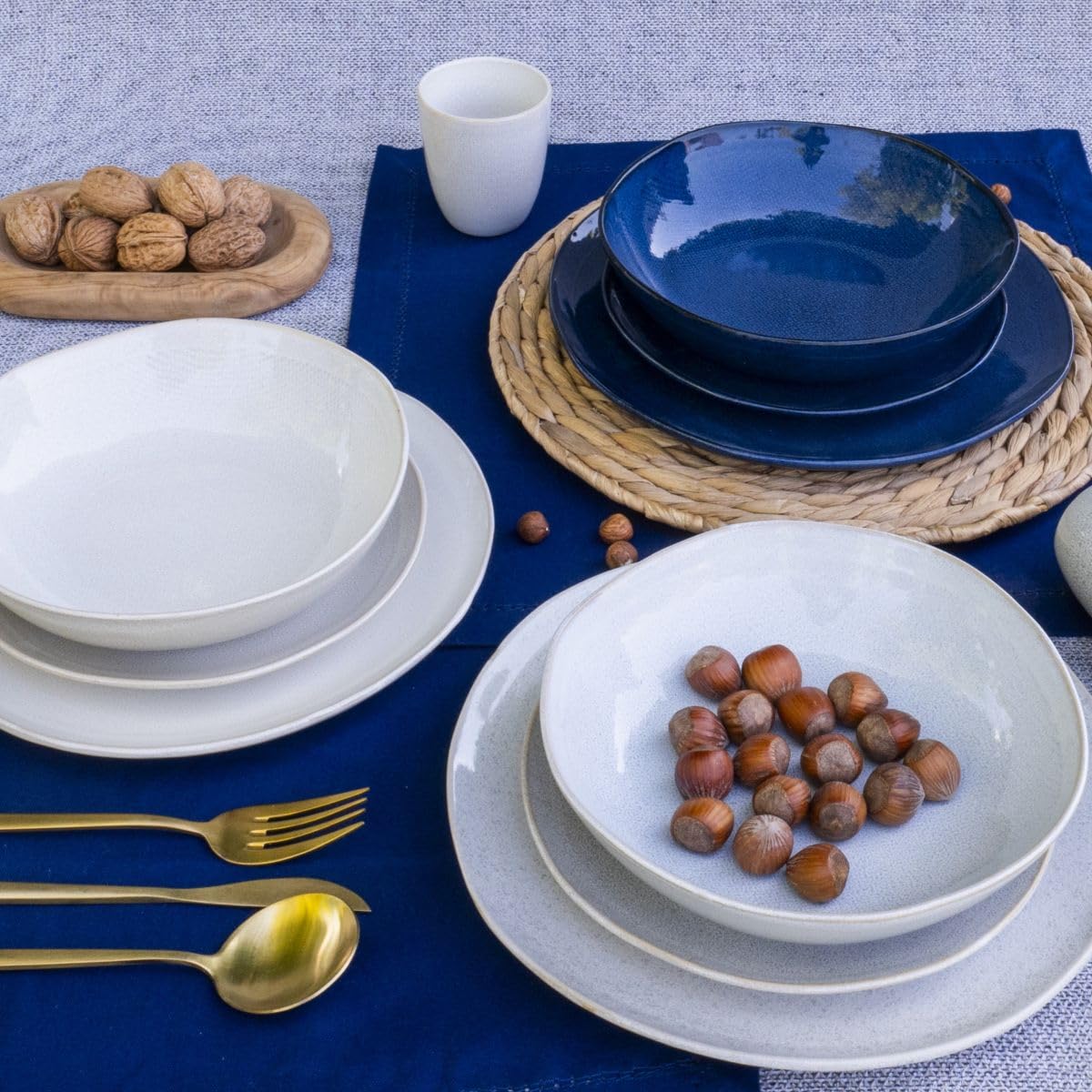 Artime Lot de 6 Assiettes Creuses en Céramique Ø20,5 cm, Bleu, Gris et Crème, Forme Ronde, Idéales pour Pâtes et Soupes