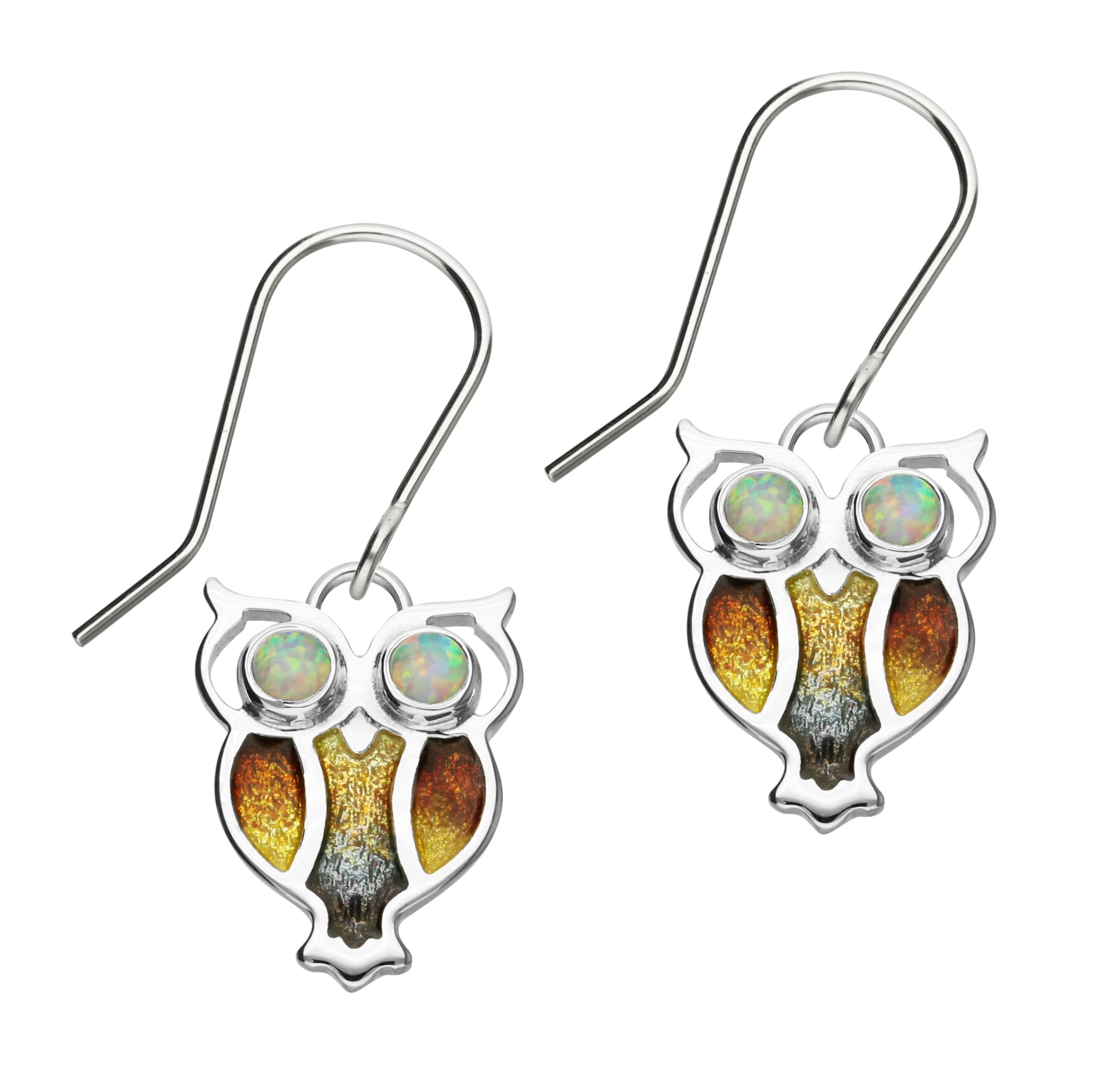 Ortak 925 Sterling Silver Handmade Drop Owl Earrings Hot Glass Hand Enamel Ember And Cinder Colourways White Synthetic Opal Libra Zodiac October Birthstone Scottish Fine Jewellery Made in Scotland