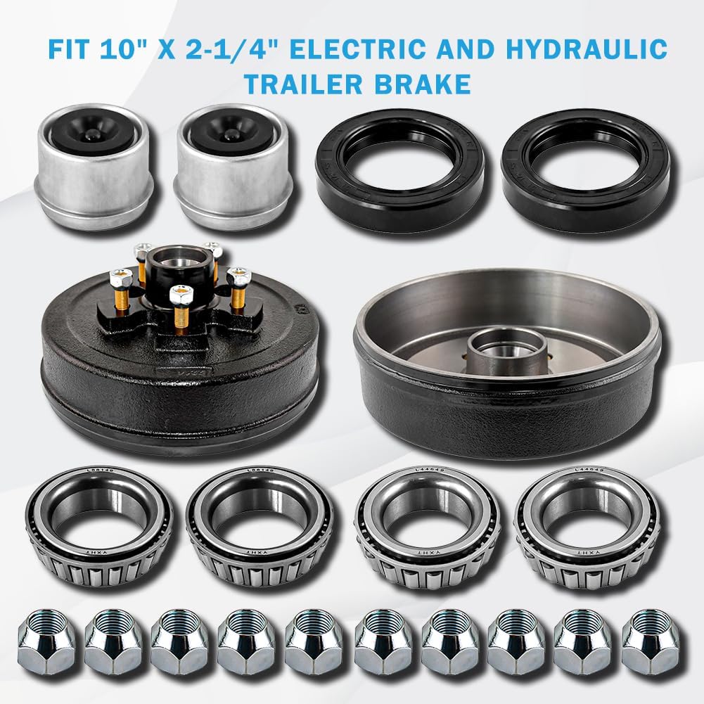 5 on 4.5 Trailer Brake Drum,10 x 2-1/4 Trailer Brake Drum Kit for 3500lbs Traler Axle with L68149/L44649 Bearing and 1/2-20 Nuts - 22001K 008-247-05, 84546，2 Sets