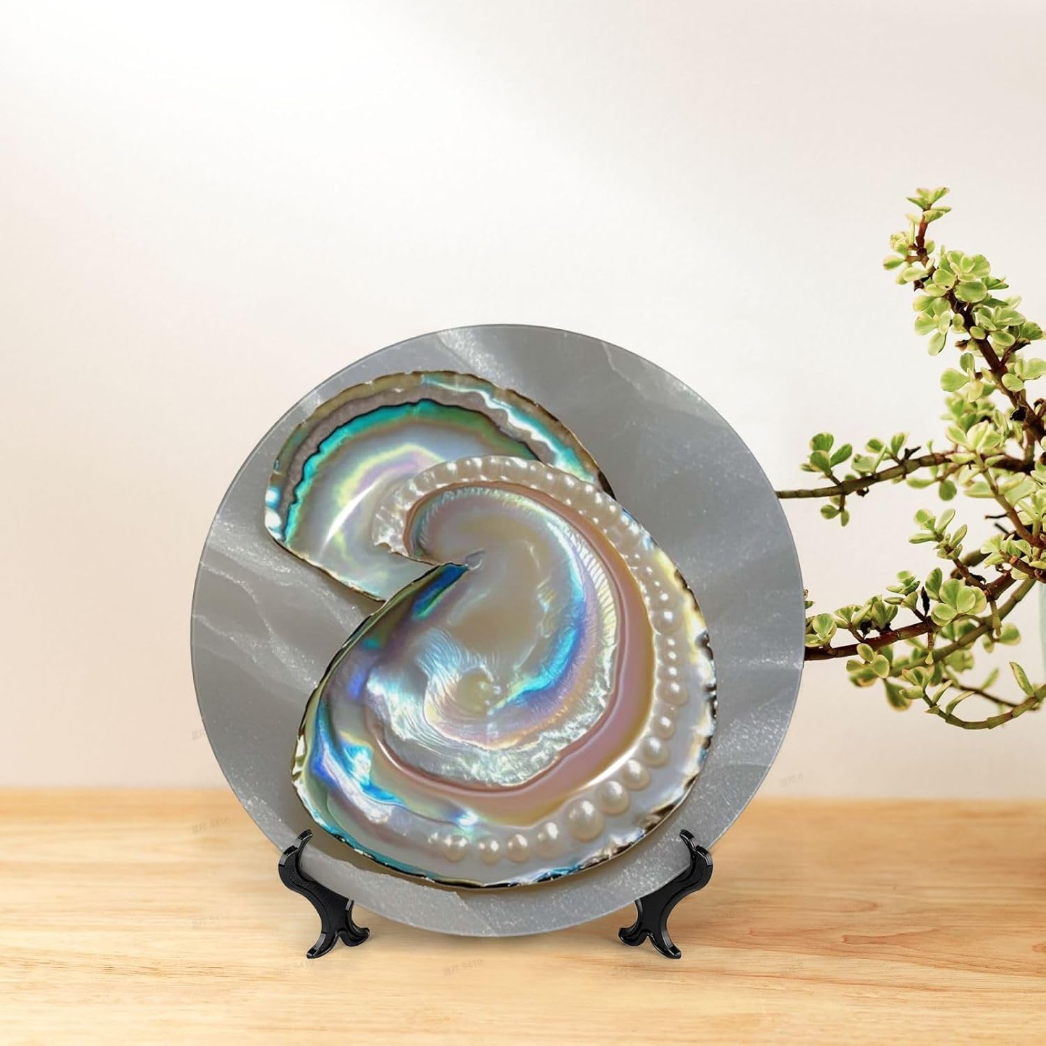 Bone China Decorative Plate with Display Abalone nacre Ceramic Plates Crafts Art Decor Dessert Plate Ceramic Ornament Porcelain Plates for Living Room Kitchen Table Home Decor