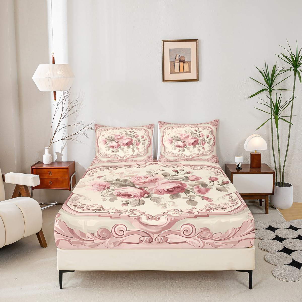 French Country Floral Fitted Sheet Pink Rose Full Size Bed Sheets | Romantic Flowers Rustic Bedding Set