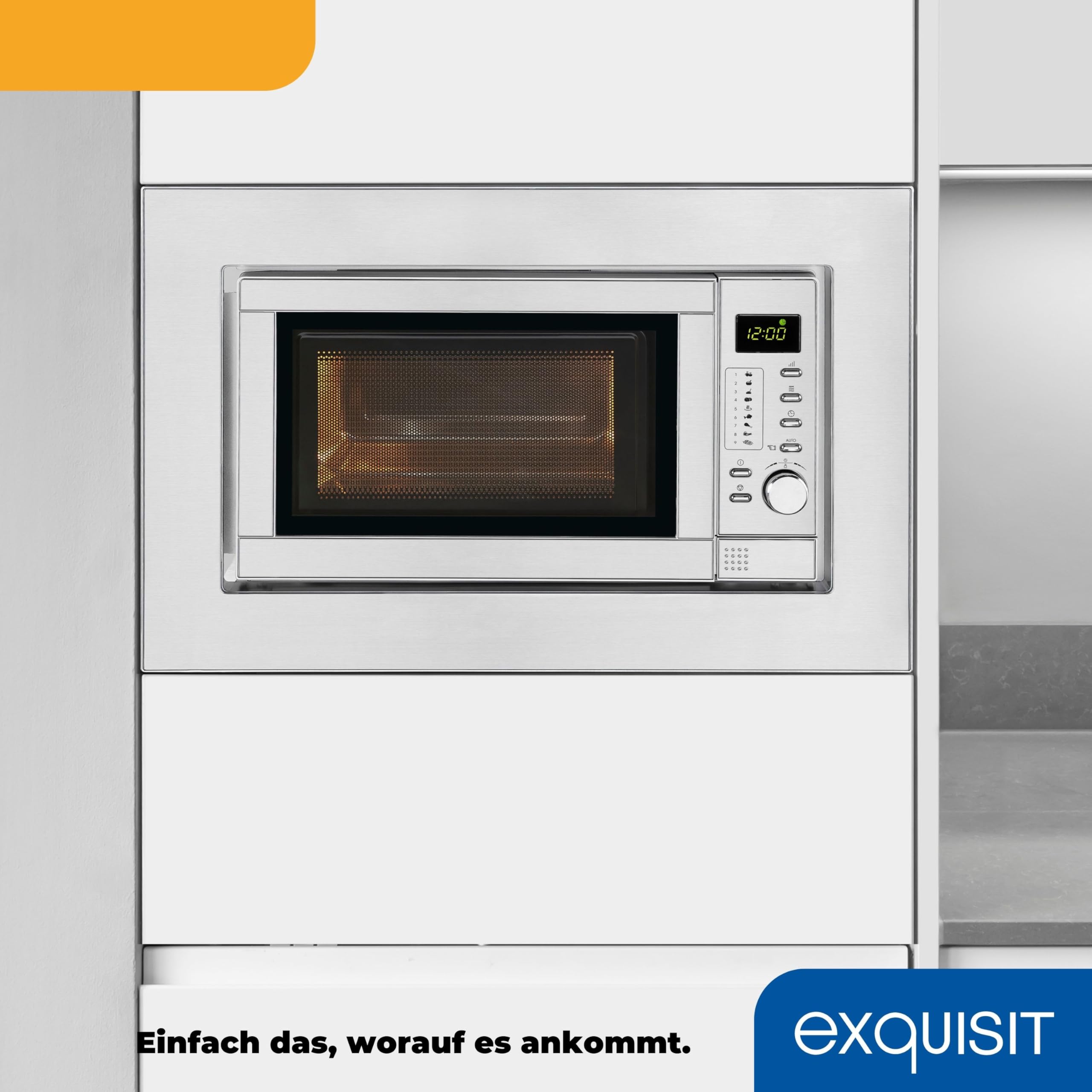 Exquisit Einbaumikrowelle mit Grill 900 W - 20 L, Silber/Edelstahl | 5 Leistungsstufen, Drehteller 24,5 cm, Einbaumaße B 59,5 x H 38,4 x T 33,5 cm, digitale Anzeige
