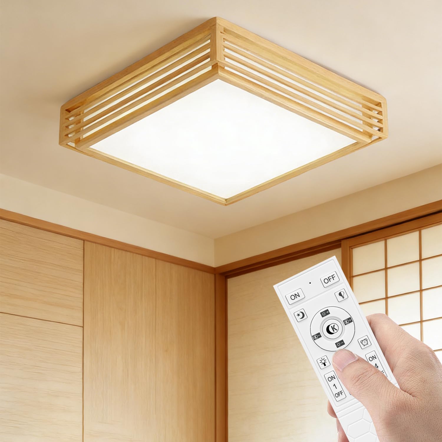 LED シーリングライト 和風 和室 4~6畳 天然木製 リモコン付き ledペンダントライト 24W 無段階調光調色 常夜灯モード タイマー機能 メモリ機能 引掛対応 天井照明器具 寝室 居間ライト インテリア 省エネ 工事不要 簡単取付 PSE認証済み 四角(35CM 24W 4~6畳)