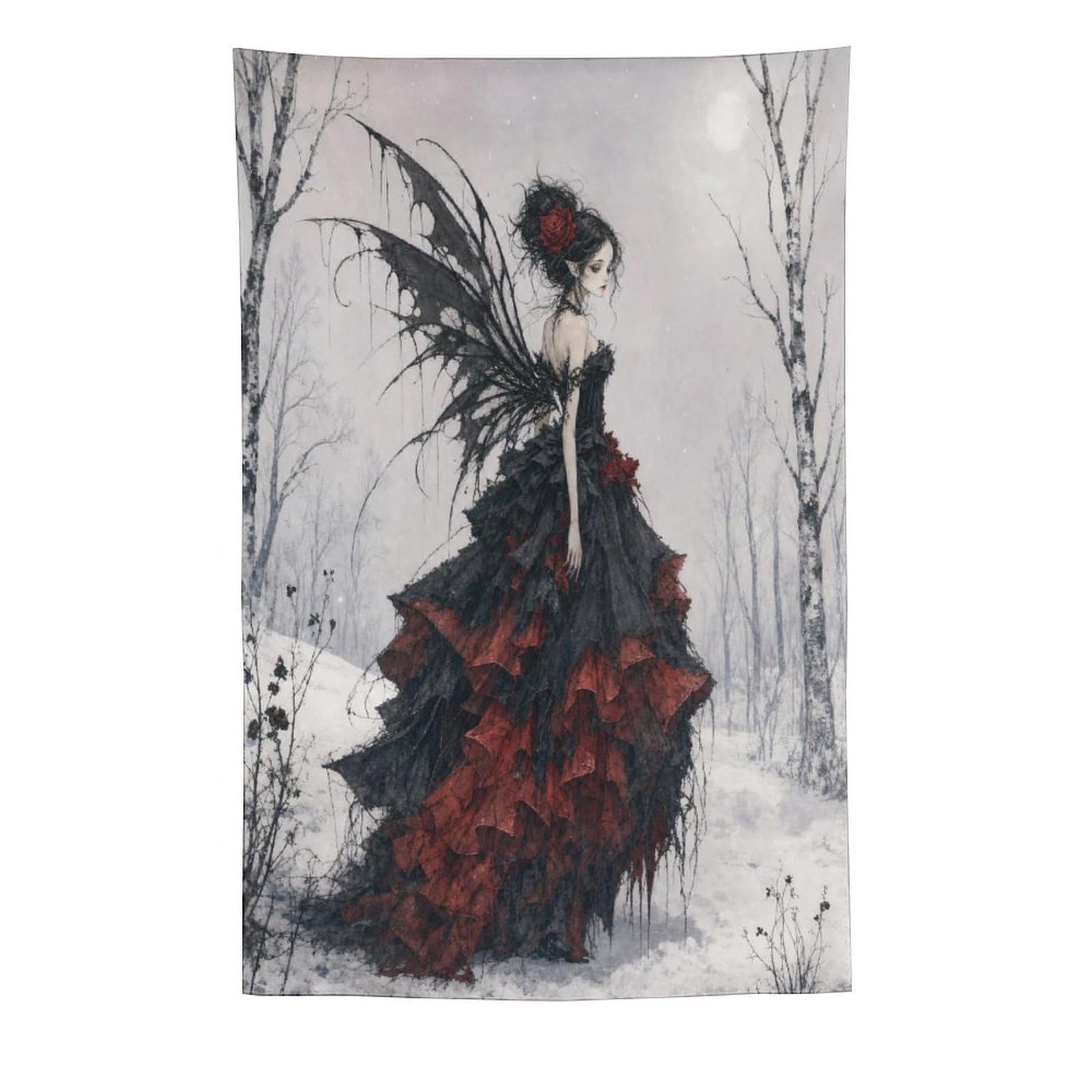 H3B8U2Y5 Gothic Fairy in Snow Wall Tapestry, Gothic Oil, Red Black Dress
