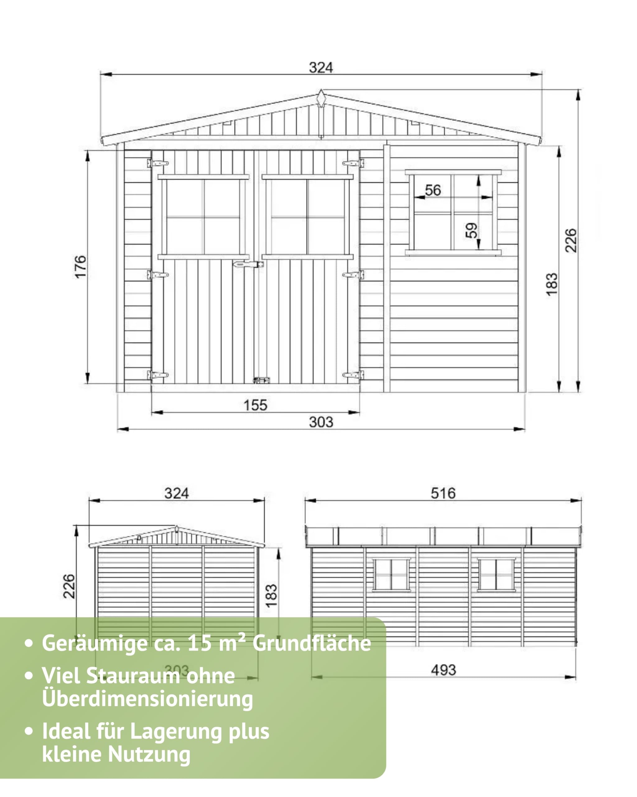 Steiner Shopping Gartenhaus Köln 500x300 cm aus Holz I Vorgefertigtes Elementhaus mit Satteldach & Dachpappe I Großer Geräteschuppen für Gartengeräte & Fahrräder I Robuste Gartenhütte
