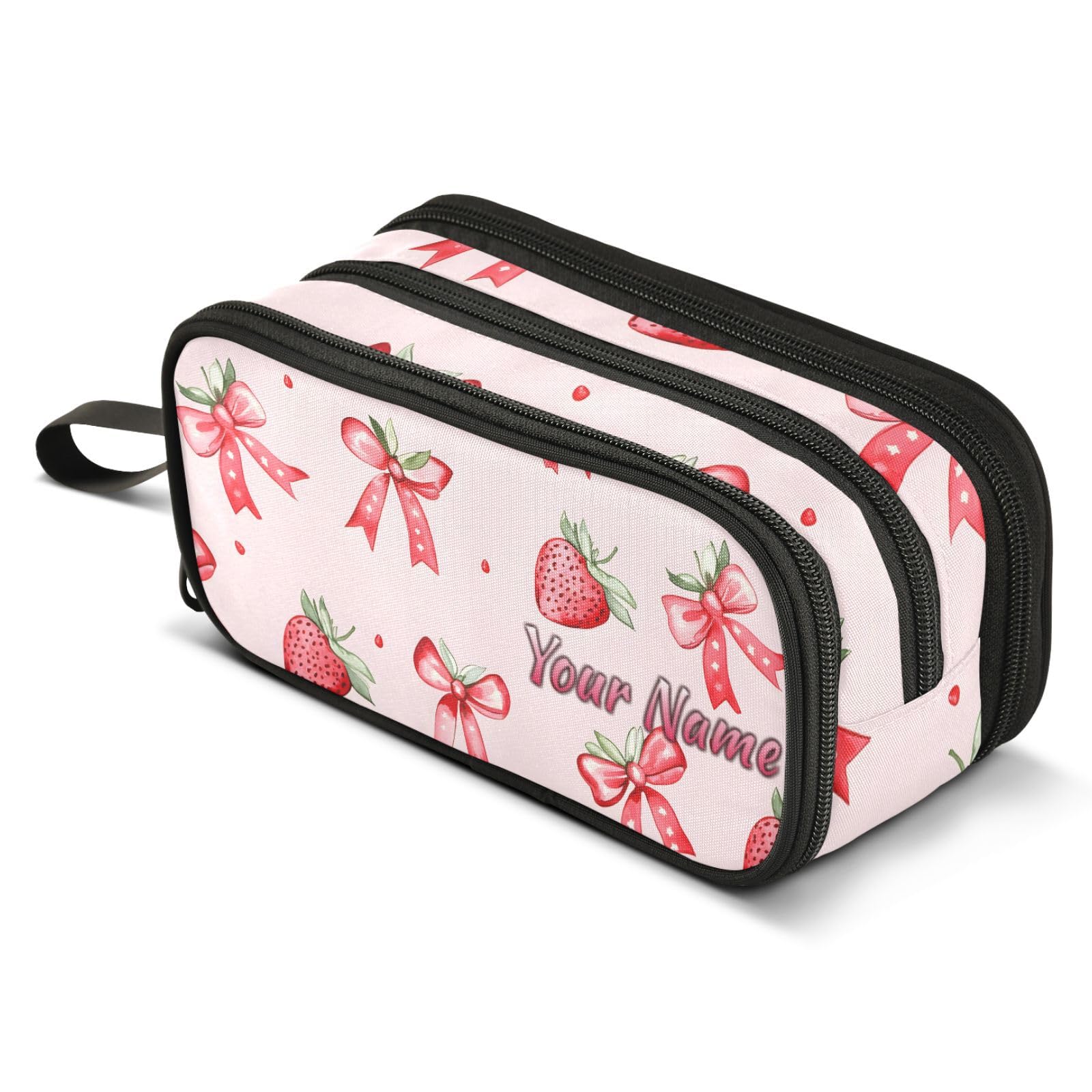 Mnsruu Personalised Pencil Case Custom Pencil Pouch with Your Name Strawberries Bows Pink Large Stationery Pen Bag for Boys Girls Adults School Office — image 1
