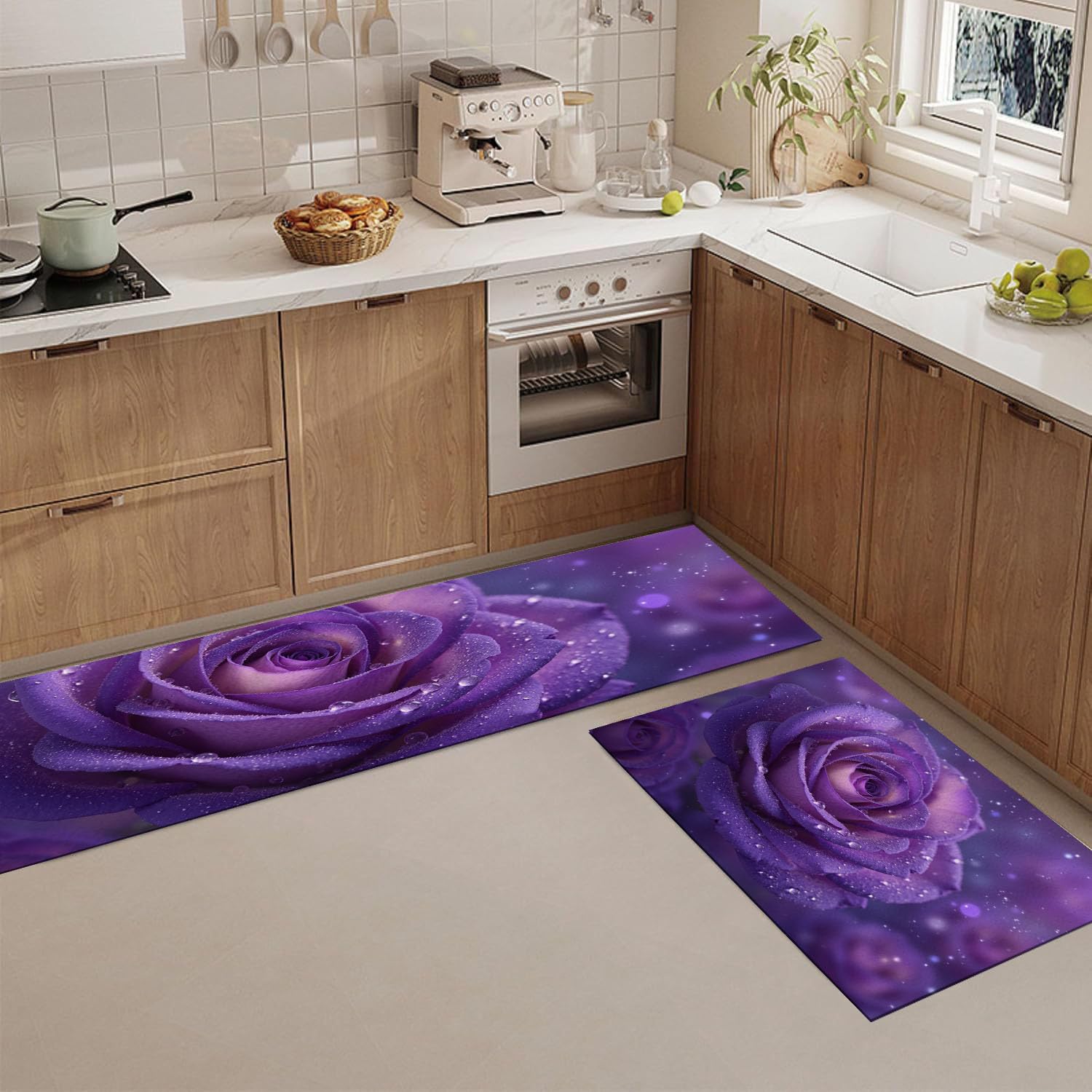 Tapetes de cocina antideslizantes que alivian la fatiga con hermoso diseño de rosas