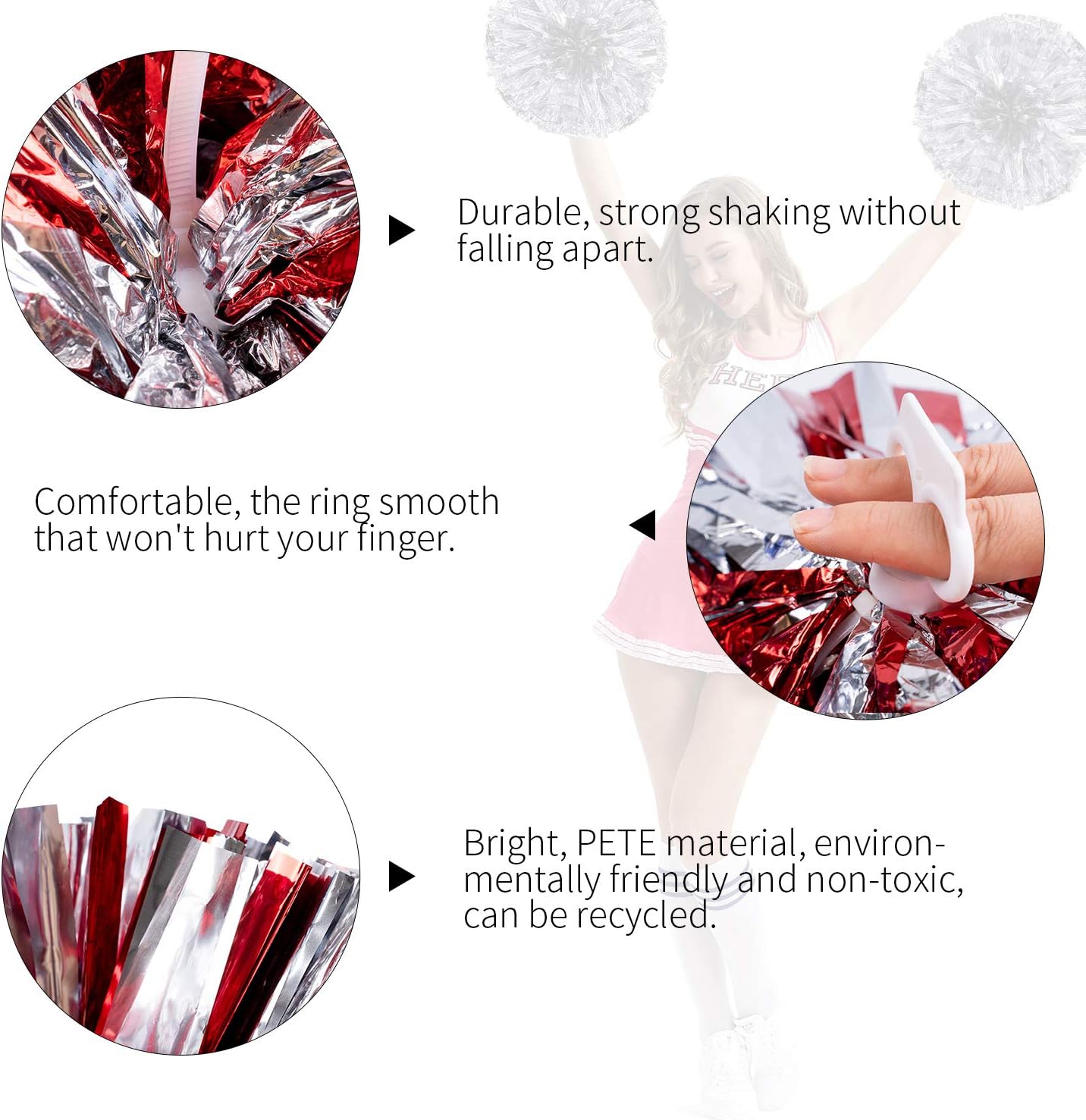 Pack of 4 Cheerleading Pom Poms Foil Plastic Metallic Cheerleader Pom Poms for Cheer Sport Kids Adults Team Spirit Cheering (Red/Silver) : Sports & Outdoors