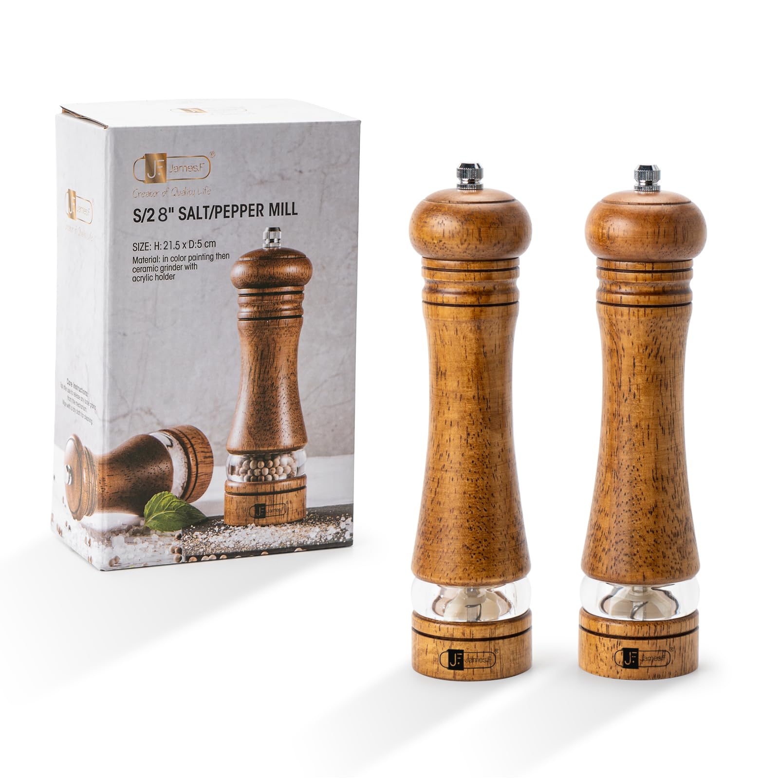 Wooden Salt and Pepper Grinder Set 8 inch Rubber Wood Salt and Pepper Mills Set of 2 with Acrylic Visible Window & Adjustable Ceramic Rotor