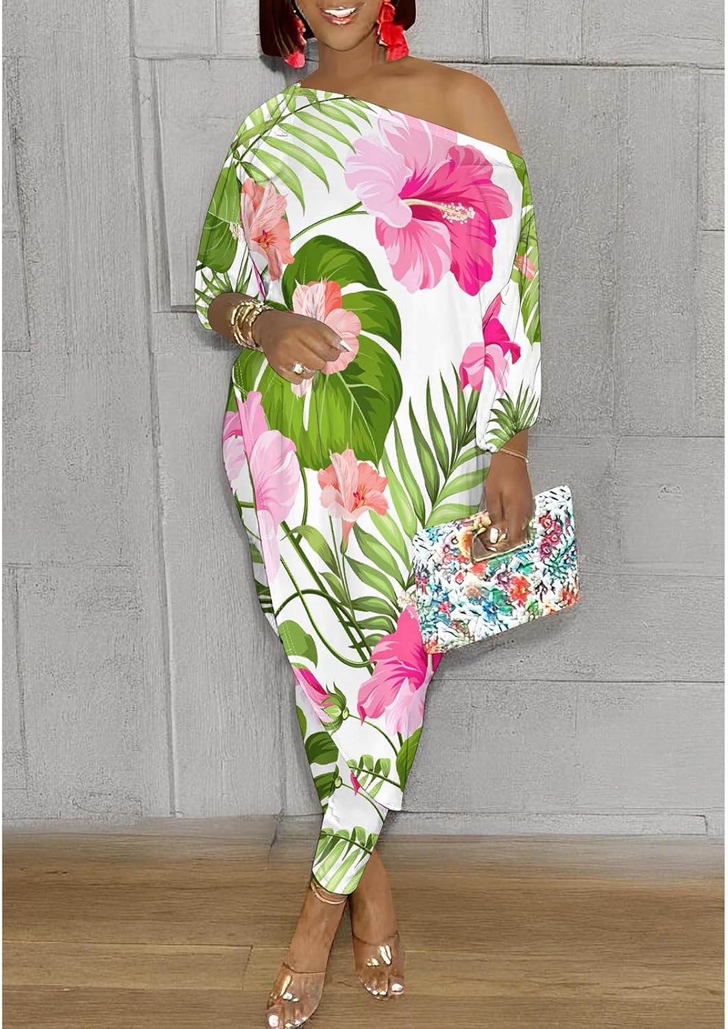 Yuopeid Women's Summer 3/4 Sleeve Fashion Printed Irregular Sweatshirt Sets Bodycon Pants Casual 2 Piece Outfits