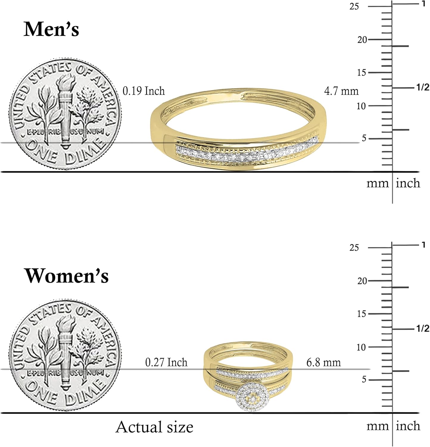 Dazzlingrock Collection 0.27 Ctw Round White Natural Diamond Men & Women's Engagement Ring Trio Set 10K Yellow Real Solid Gold