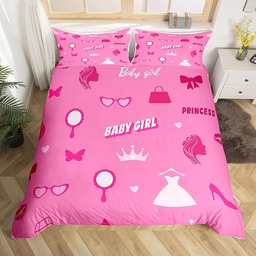 Manfei Juego de funda de edredón rosa femenina, tamaño matrimonial, juego de ropa de cama de 3 piezas de dibujos animados para niños y niñas,
