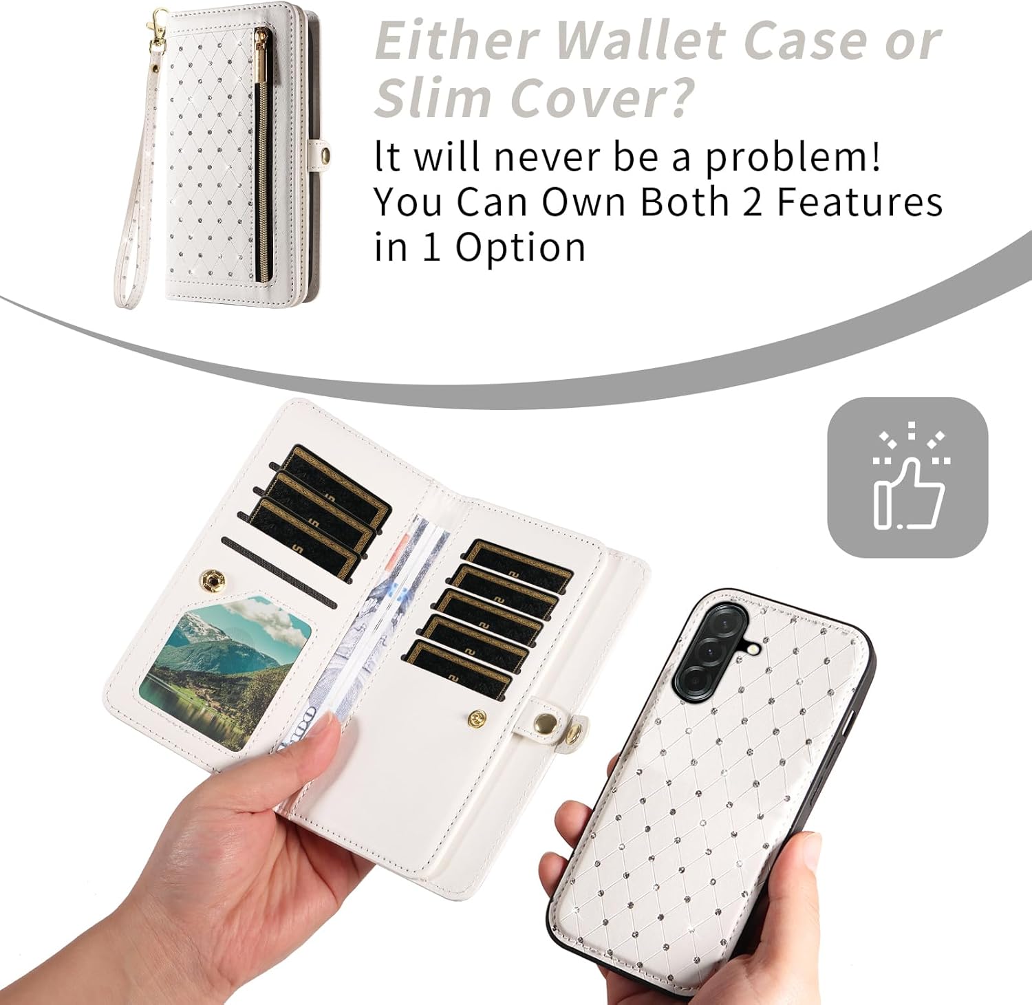 Phone Case for Samsung Galaxy A36 5G Zipper Wallet Detachable Magnetic Cell Cover with Screen Protector Crossbody Lanyard Strap Bling Glitter Flip Credit Card Holder Slots A 36 36A Women Girls White