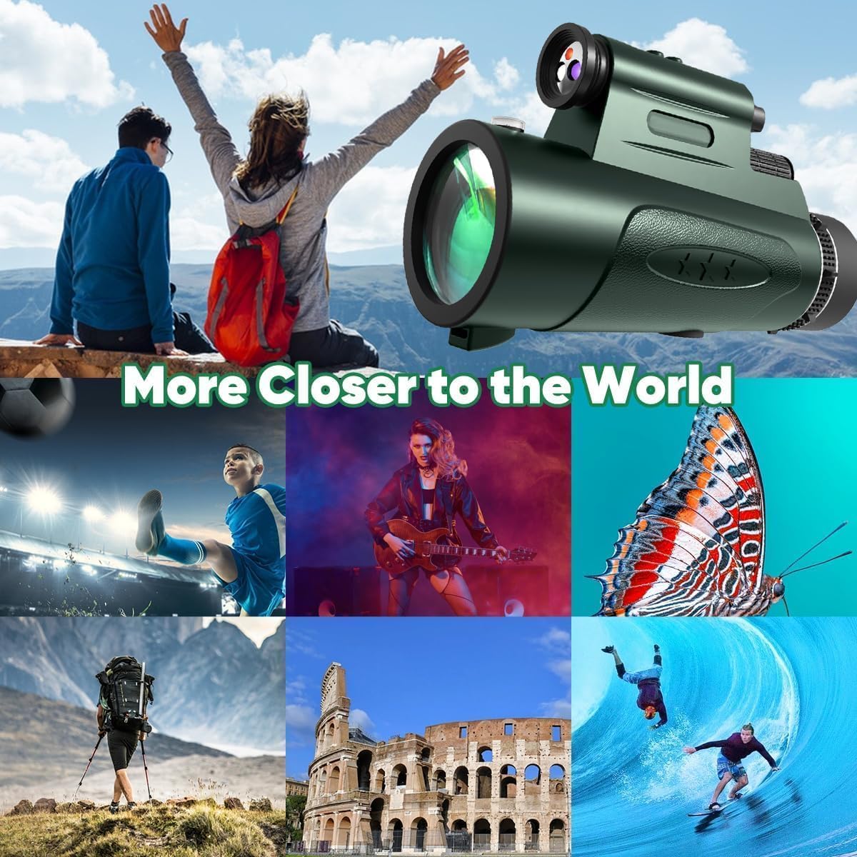 Monocular Telescope with Lights HD Monoculars 80x100 for Adults High Powered Monocular with Smartphone Holder & Tripod, Handheld Telescope Suitable for Bird Watching Stargazing-Green
