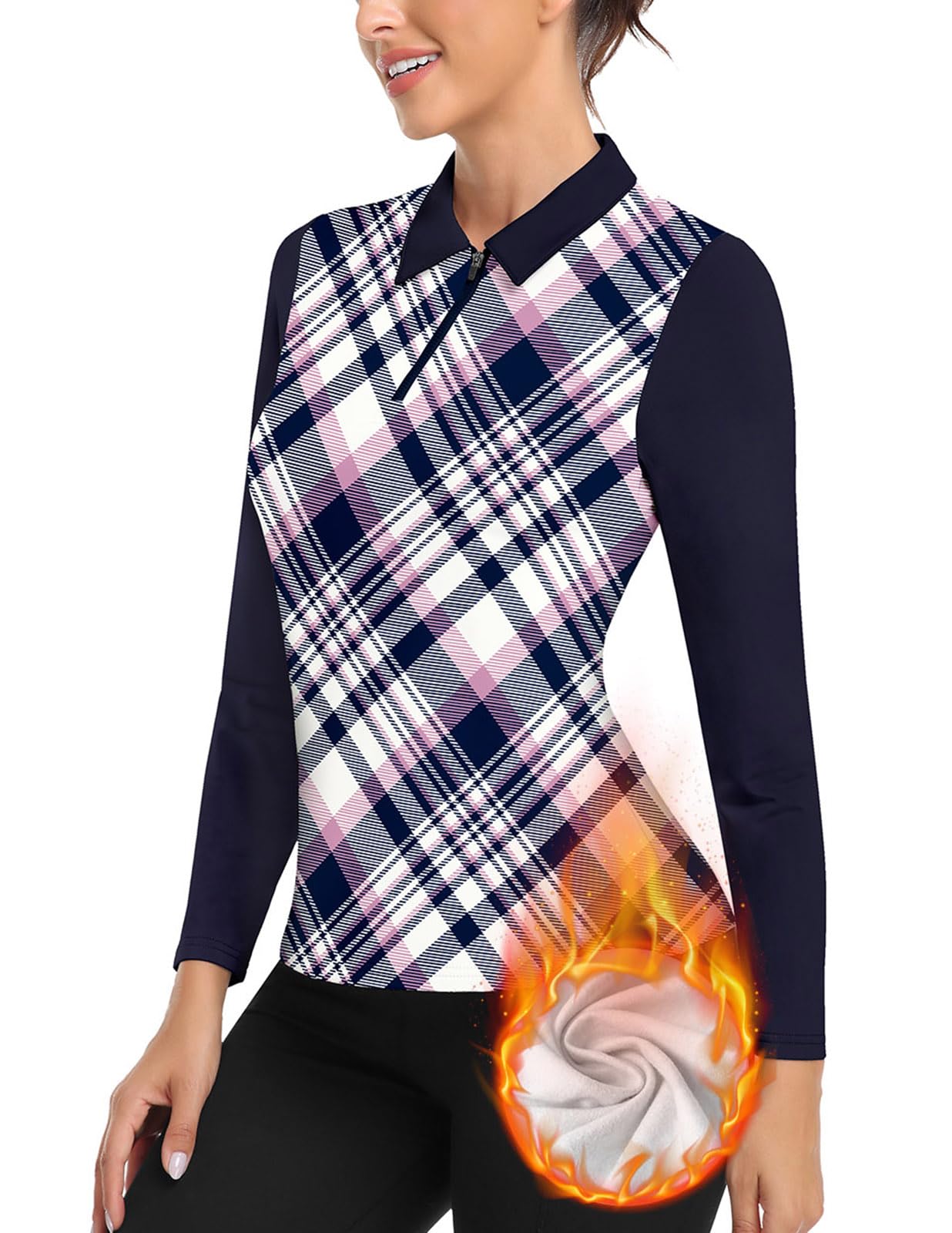 Womens Plaid Golf Shirts Thermal Long Sleeve Polo Shirts Fleece Golf Apparel Winter Golf Clothing(Large)