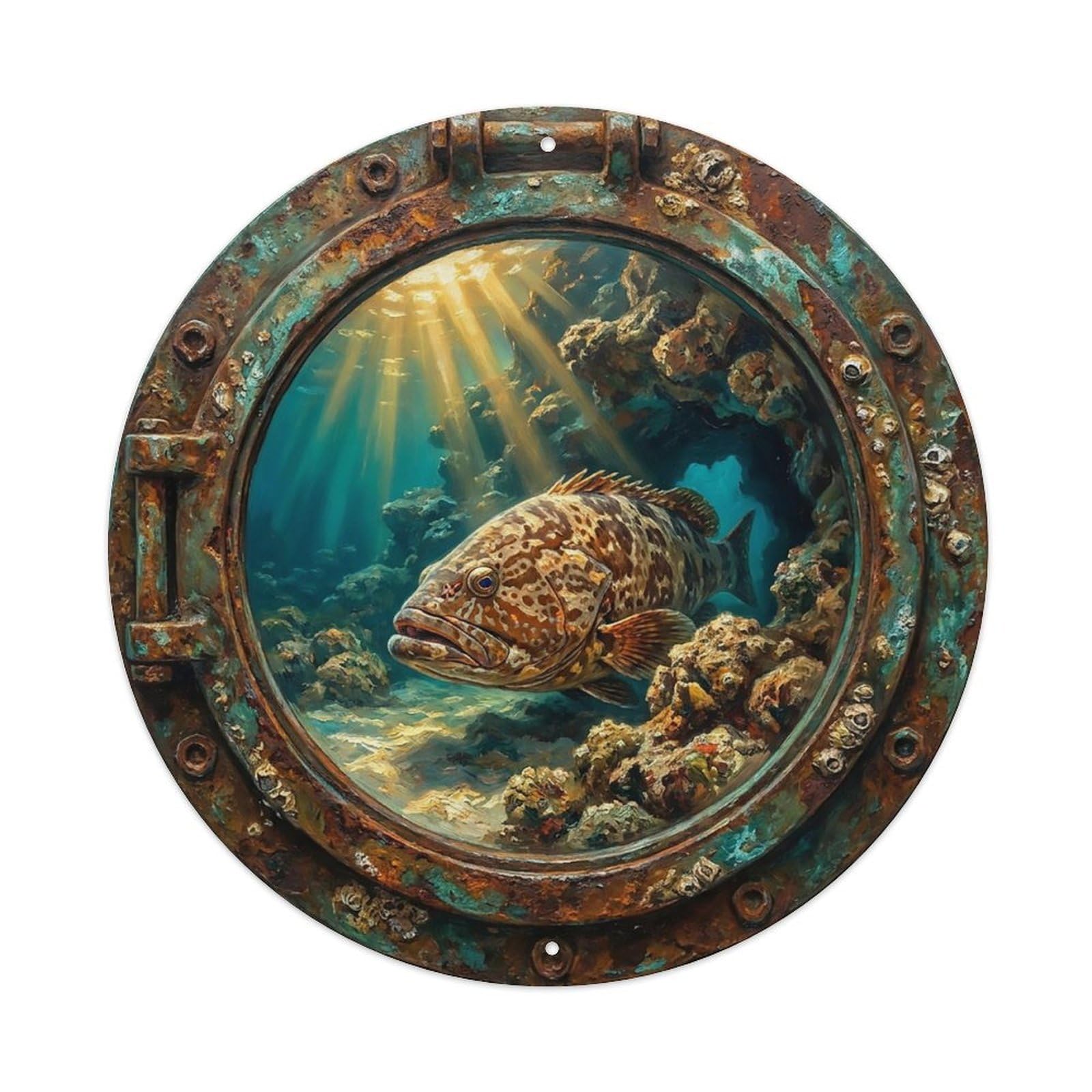 Vintage Porthole Grouper Giant Ship Window Undersea Deep Sea Metal Tin Sign