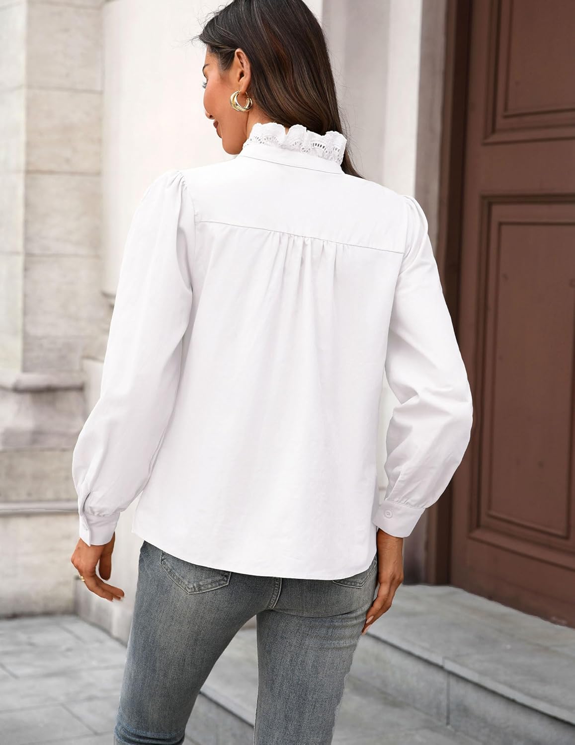 Women's Spring Shirts 2026 Long Sleeve Ruffle Collar Button Down Tops Dressy Casual Elegant Solid Retro Blouse - Image 3