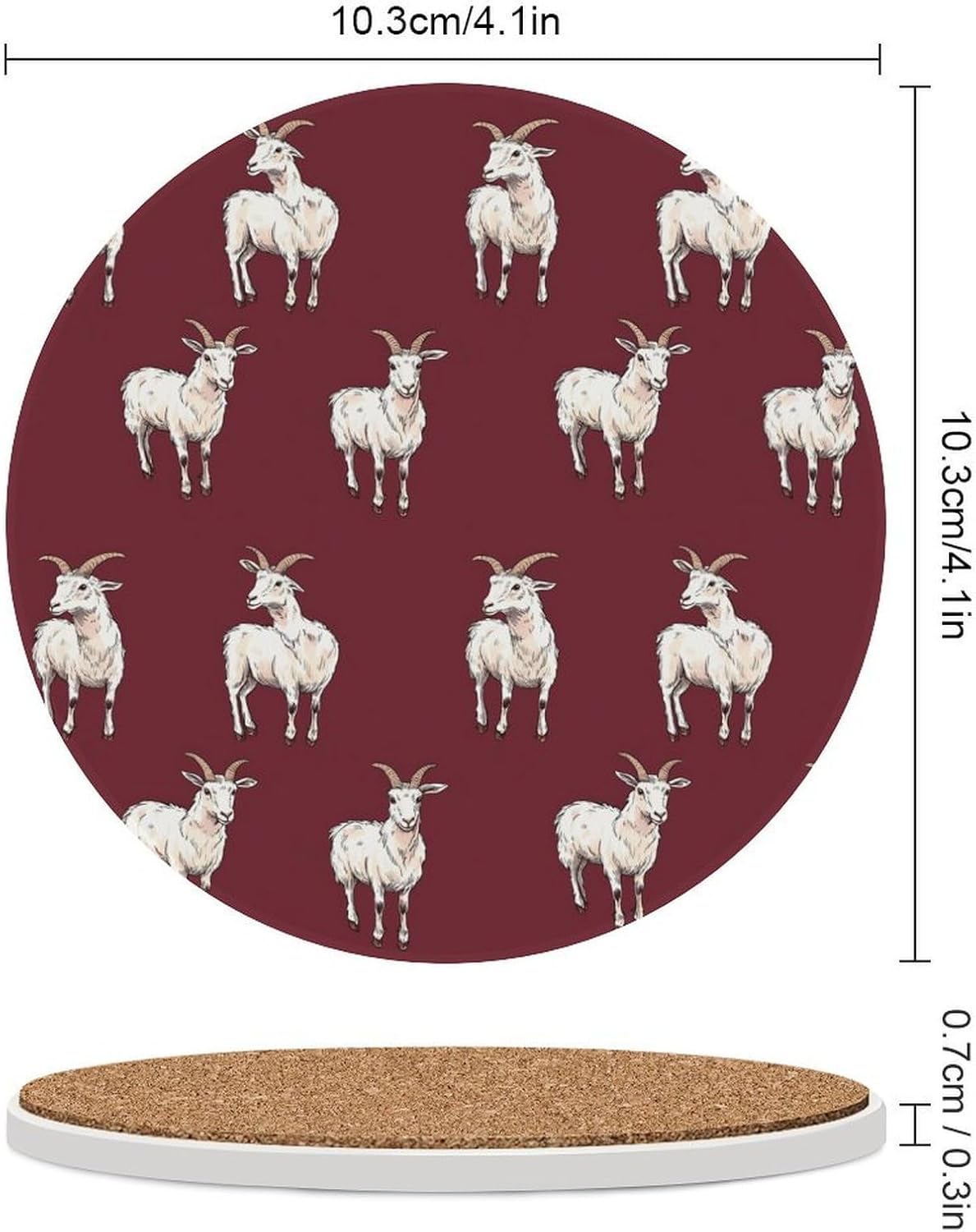 Goat Pattern Round Ceramic Coasters for Drinks Absorbent Cup Holder Tabletop Protector with Cork Base