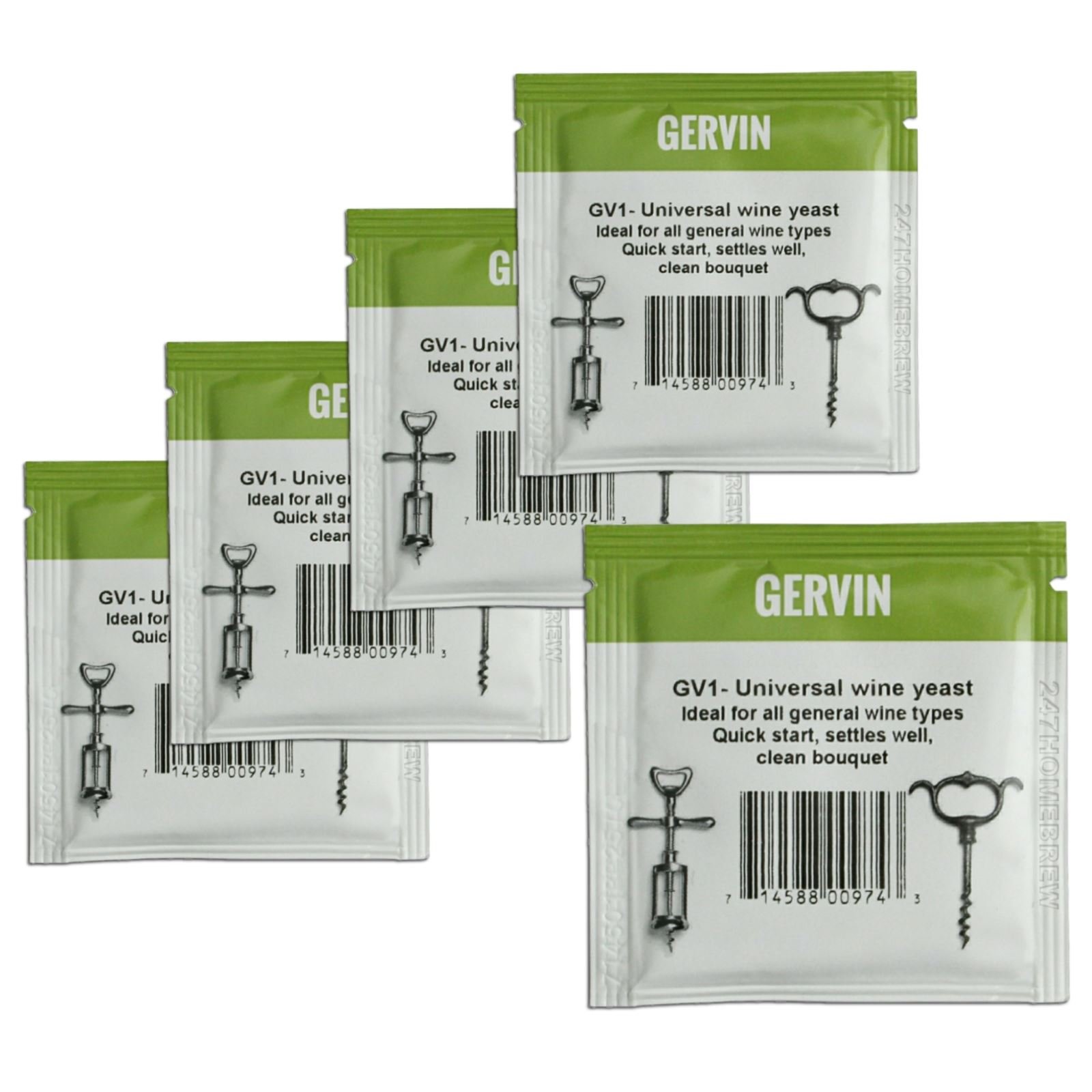 5X Gervin Wine Yeast GV1#1 Green Label General Purpose White & Red 5g 23L